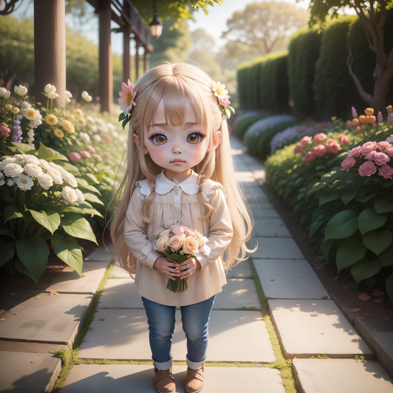 Cute Baby Chibi Anime,Blouse and denim pants,Beige long hair,Joaquin Antonio Uribe Botanical Garden,flower bouquet