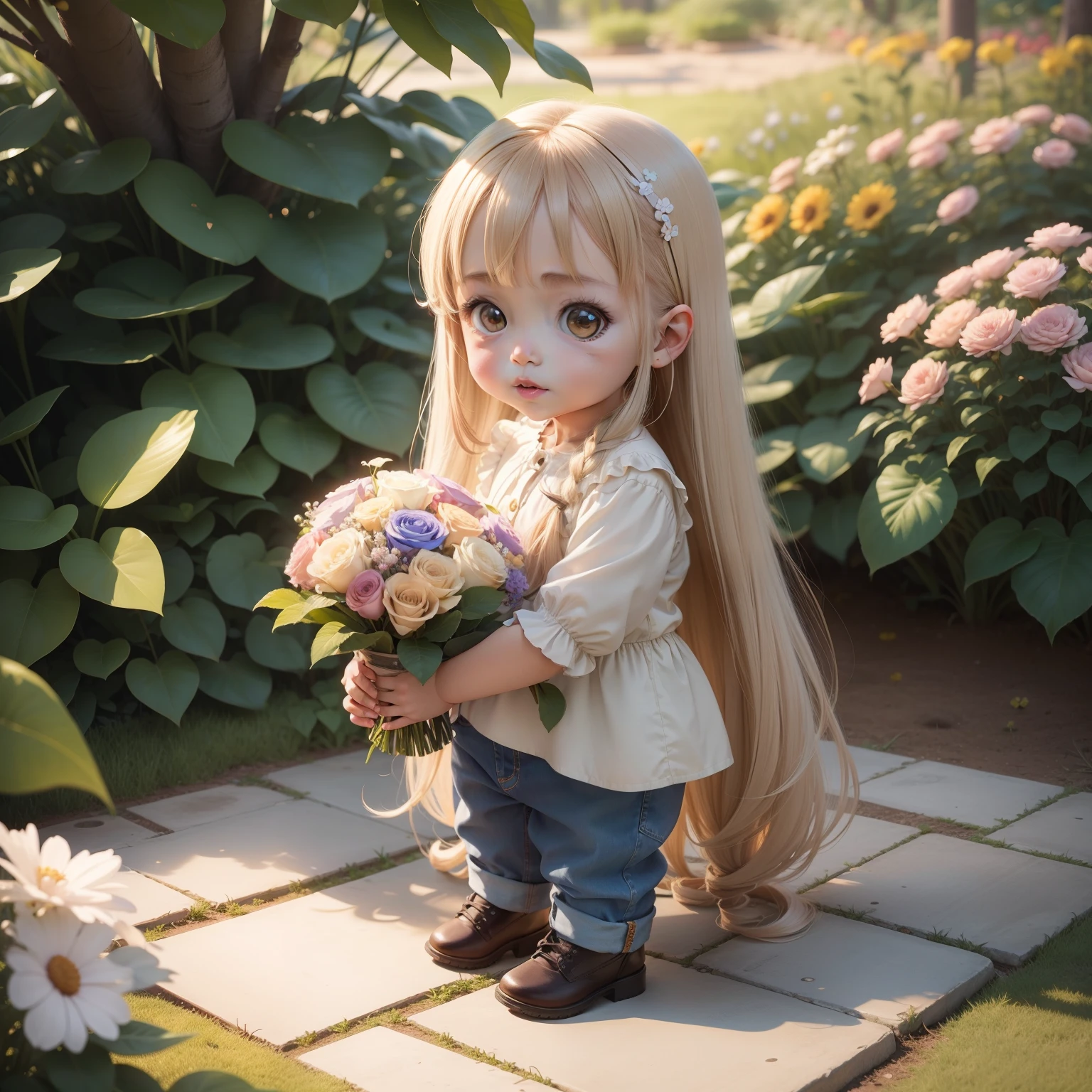 Cute Baby Chibi Anime,Blouse and denim pants,Beige long hair,Joaquin Antonio Uribe Botanical Garden,flower bouquet