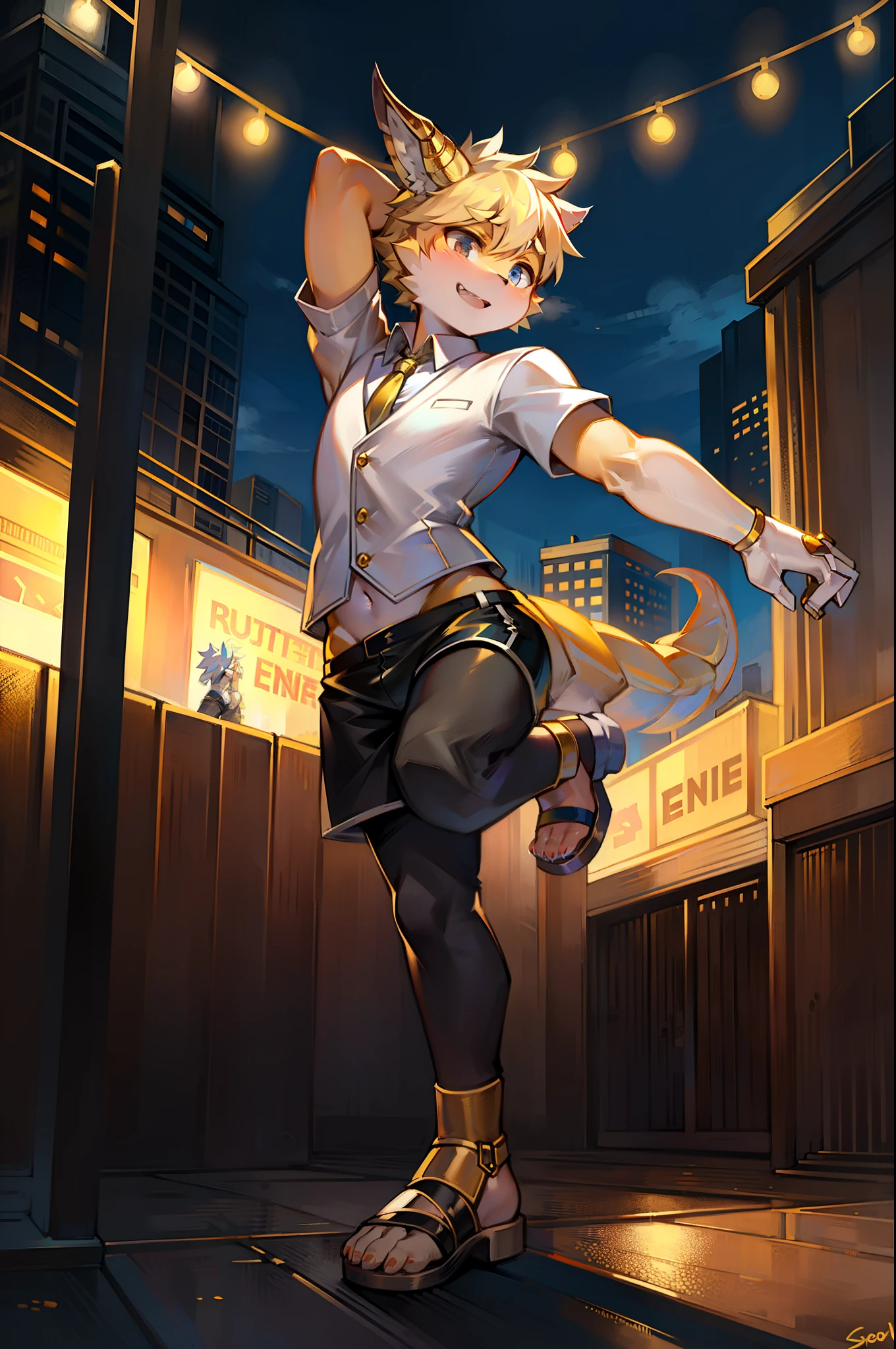 Golden robot dragon，shoun（12year old），Wear a white vest，Black  shorts，sandals，Dance in the park