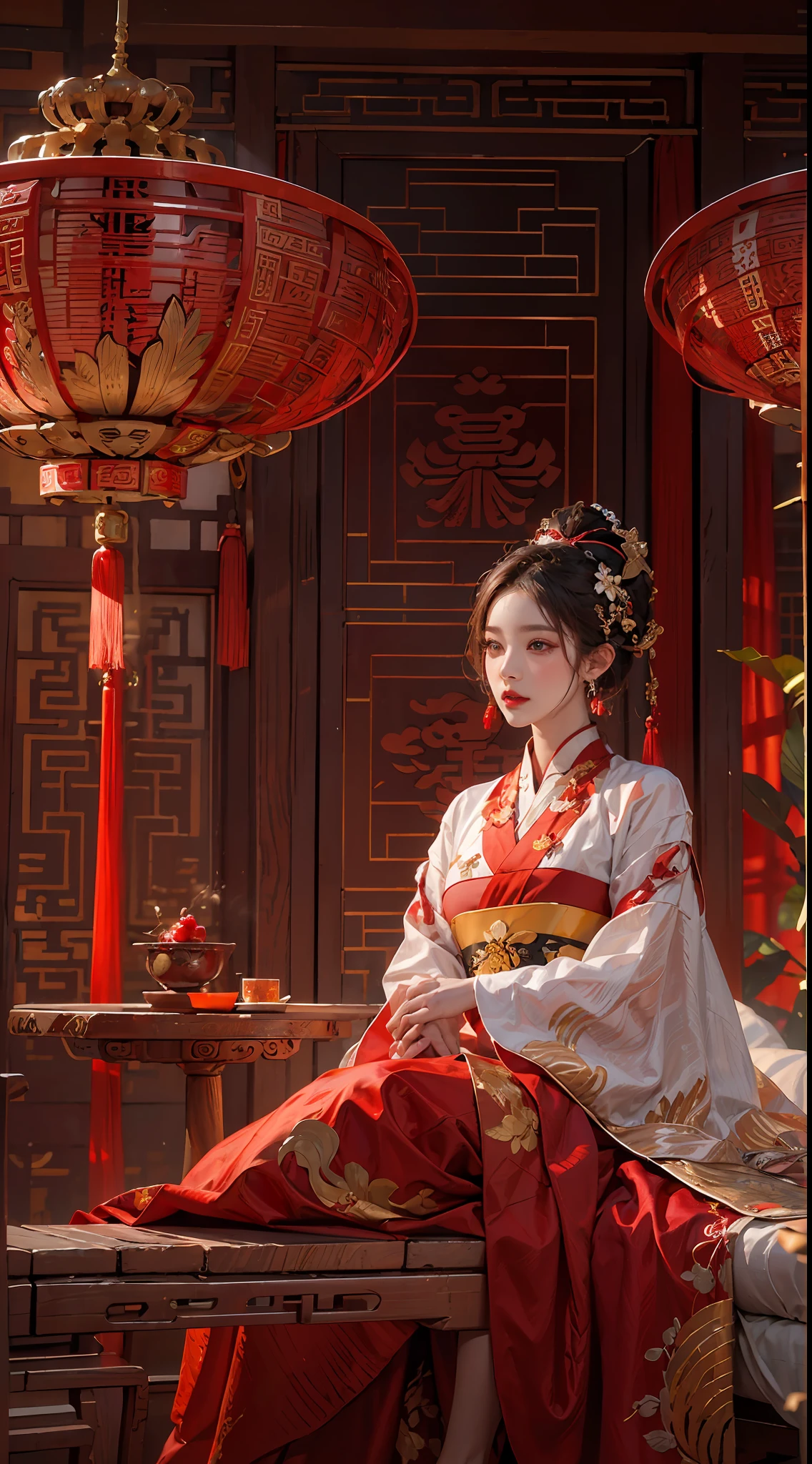 (Ultra-realistic 8k CG: 1.2), perfect artwork, delicate patterns, intricate details, (unparalleled masterpiece, best quality: 1.2), (extremely complex: 1.2), a woman in a red and gold dress, (sitting on a red bed), makeup, blush, shyness, white hair, looking down, cosmetics, (forehead point), (2 red candles), Chinese_clothes, curtains, earrings,hanfu, interior, jewelry, red nails, long_sleeves, red dress, red lips, tassels, (red quilt), (red palace: 1.2), (ancient Chinese architecture), (red: 1.8), night