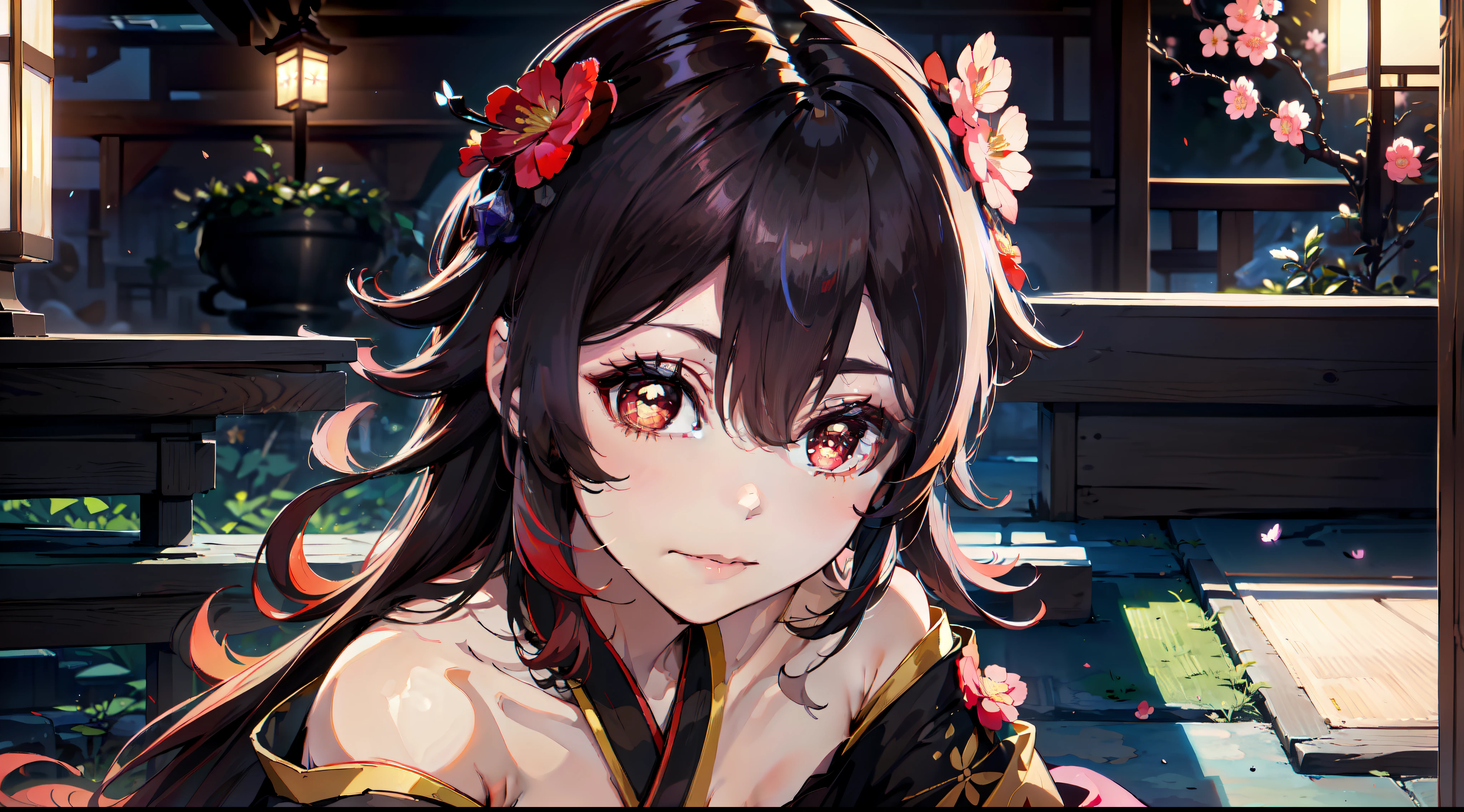 masterpiece, best quality, extremely detailed, absurdres, expressive clothes, fine fabric emphasis, ray tracing, fantasy style, 1girl , upper body , portrait , tilted head , hanfu , obi , kimono , (split-color hair:1.4) , off shoulder, pink eyes , Japanese architecture, indoor , light and shadow, crystal flower,hutao\(genshin\),