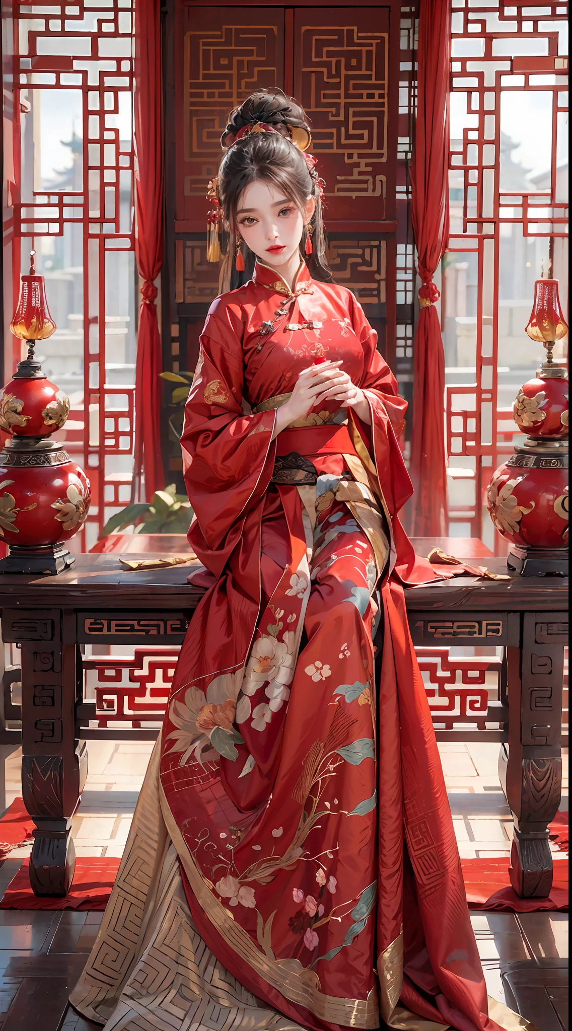 (Ultra-realistic 8k CG: 1.2), perfect artwork, delicate patterns, intricate details, (unparalleled masterpiece, best quality: 1.2), (extremely complex: 1.2), a woman in a red and gold dress, (sitting on a red bed), makeup, blush, shyness, white hair, looking down, cosmetics, (forehead point), (2 red candles), Chinese_clothes, curtains, earrings,hanfu, interior, jewelry, red nails, long_sleeves, red dress, red lips, tassels, (red quilt), (red palace: 1.2), (ancient Chinese architecture), (red: 1.8), night