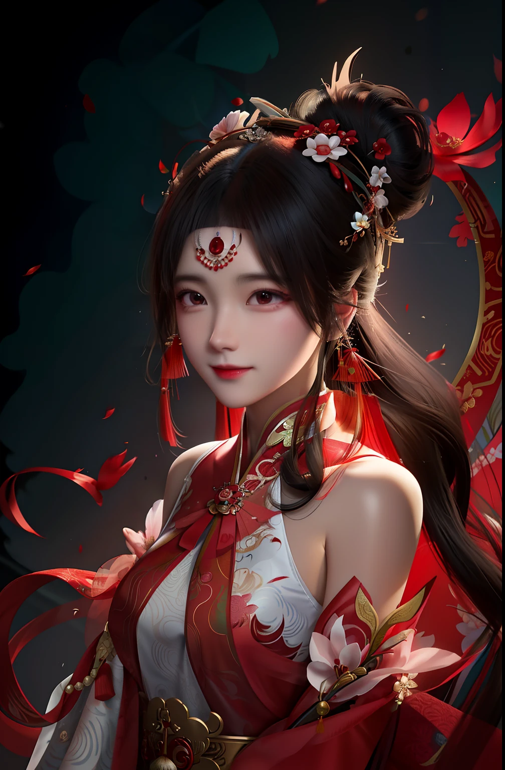 A woman in a red and white dress，A red flower is stuck in his hair, Beautiful character painting, by Yang J, Chinese girl, Chinese style, trending on cgstation, Guviz-style artwork, inspired by Du Qiong, By Li Song, Inspired by Lan Ying, author：Fan Qi, Palace ， A girl in Hanfu, a beautiful fantasy empress