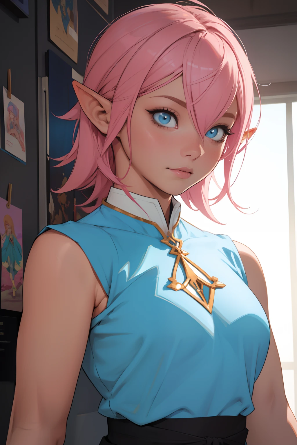 There is a drawing of a woman with pink hair and a blue dress, desenho colorido, reference art, Lineart colorido, fanart detalhado, arte conceitual colorida, Estilo de Arte Artgerm, Menina elfa, Elfo Anime Girl, Estilo elfo, apenas uma menina