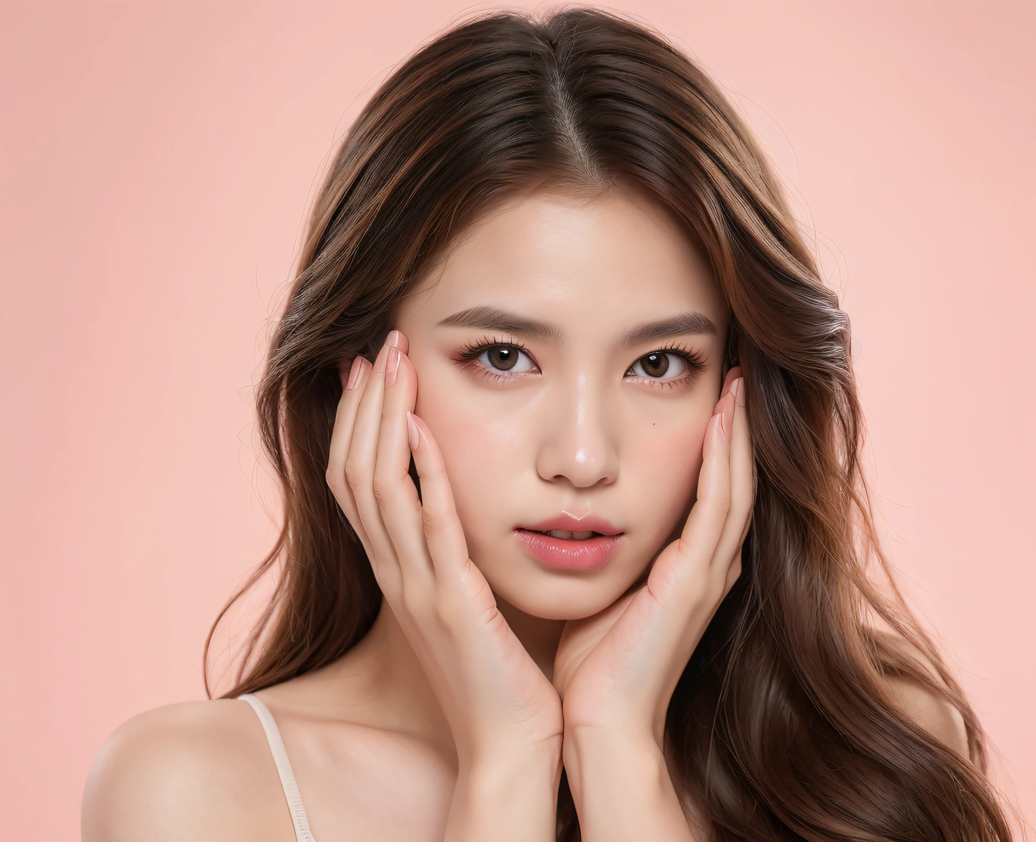 korean girl, long wavy hair, very beautiful face, (photo realistic:1.4),(masterpiece, 4K, best quality, ultra detailed),studio shoot,pictorial,photography,realistic eyes, Ultra-Detailed Face, Detailed Lips, normal hand, glossy lips, glossy face, simple background