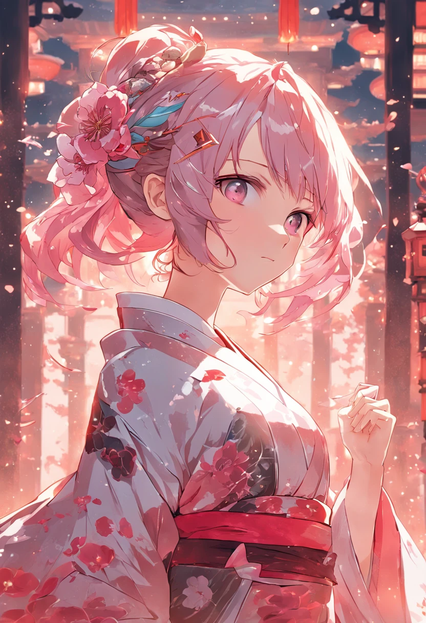 masterpiece, best quality, extremely detailed, absurdres, expressive clothes, fine fabric emphasis, ray tracing, fantasy style, 1girl , upper body , portrait , tilted head , hanfu , obi , kimono , (split-color hair:1.4) , off shoulder, pink eyes , Japanese architecture, indoor , light and shadow, crystal flower,hutao\(genshin\),