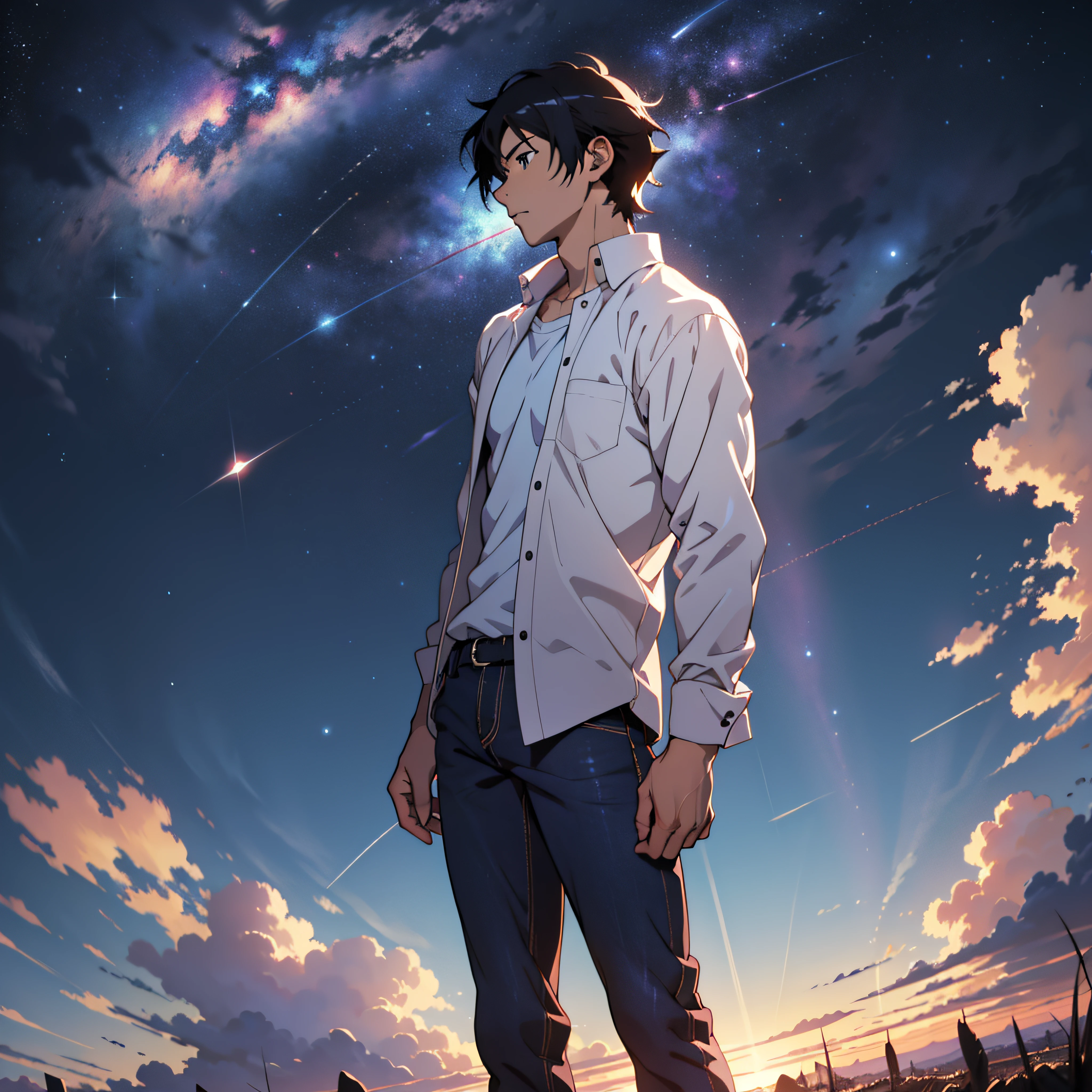 anime - style scene of a beautiful sky with a star, by makoto shinkai, anime art wallpaper 4k, anime art wallpaper 4 k, anime art wallpaper 8 k, anime wallpaper 4k, anime wallpaper 4 k, 4k anime wallpaper, anime sky, amazing wallpaper, anime background, anime background art, standing young man, black hair, white shirt, black jeans, hundreds of stars forming a circle, outstanding masterpiece.