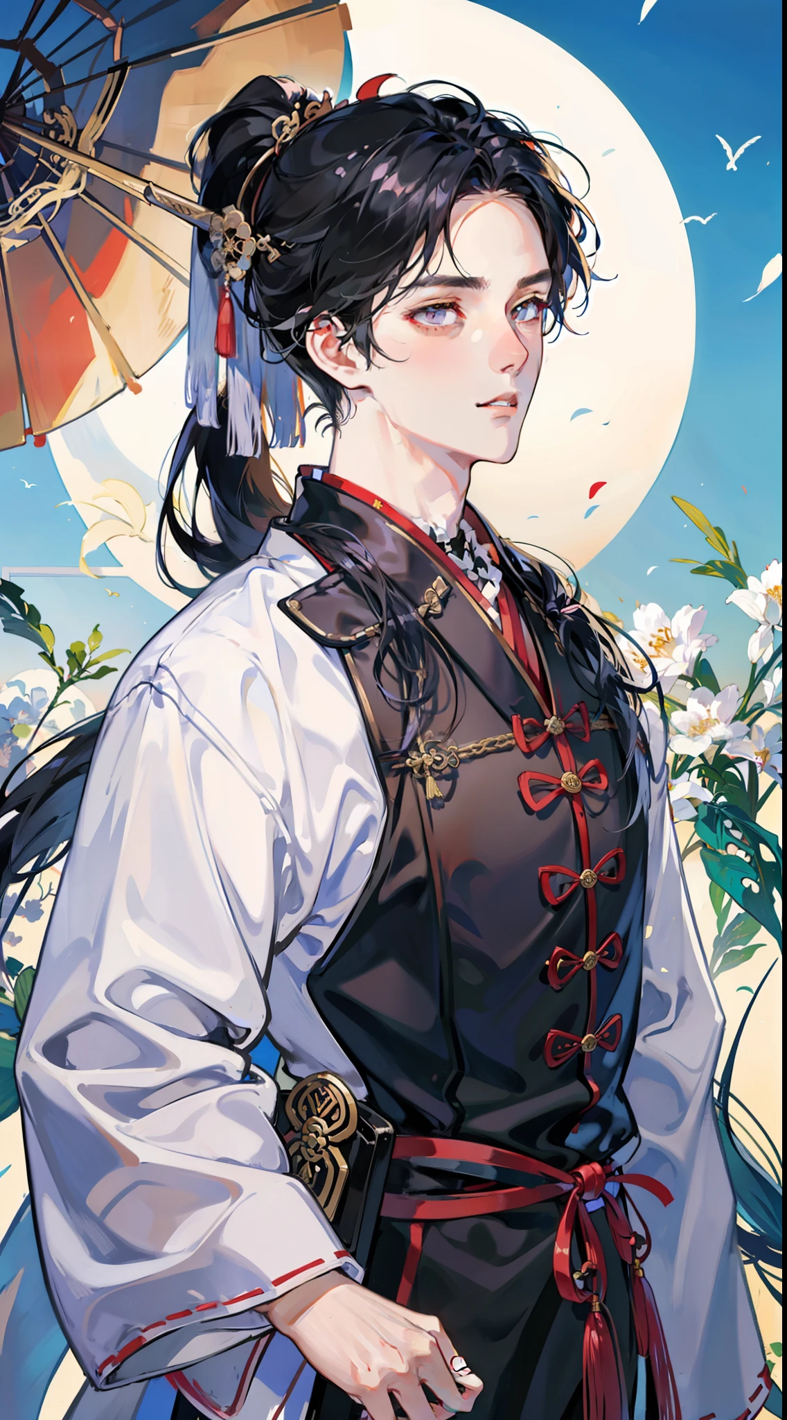 quaint,Ancient China,Shogun,Ancient young master,Hanfu,Ancient clothes,Official robes,Ancient flying fish suit,Wide coat, large sleeves,Ancient brocade guard,male people,Bunched hair,High ponytail,Masculine and handsome,perfectly proportions,the detail,high qulity,Handsome man,Handsome,Perfect male,Exocet suit,Hanfu robe,clever,Cold,high and cold,Black belly,The organ is exhausted