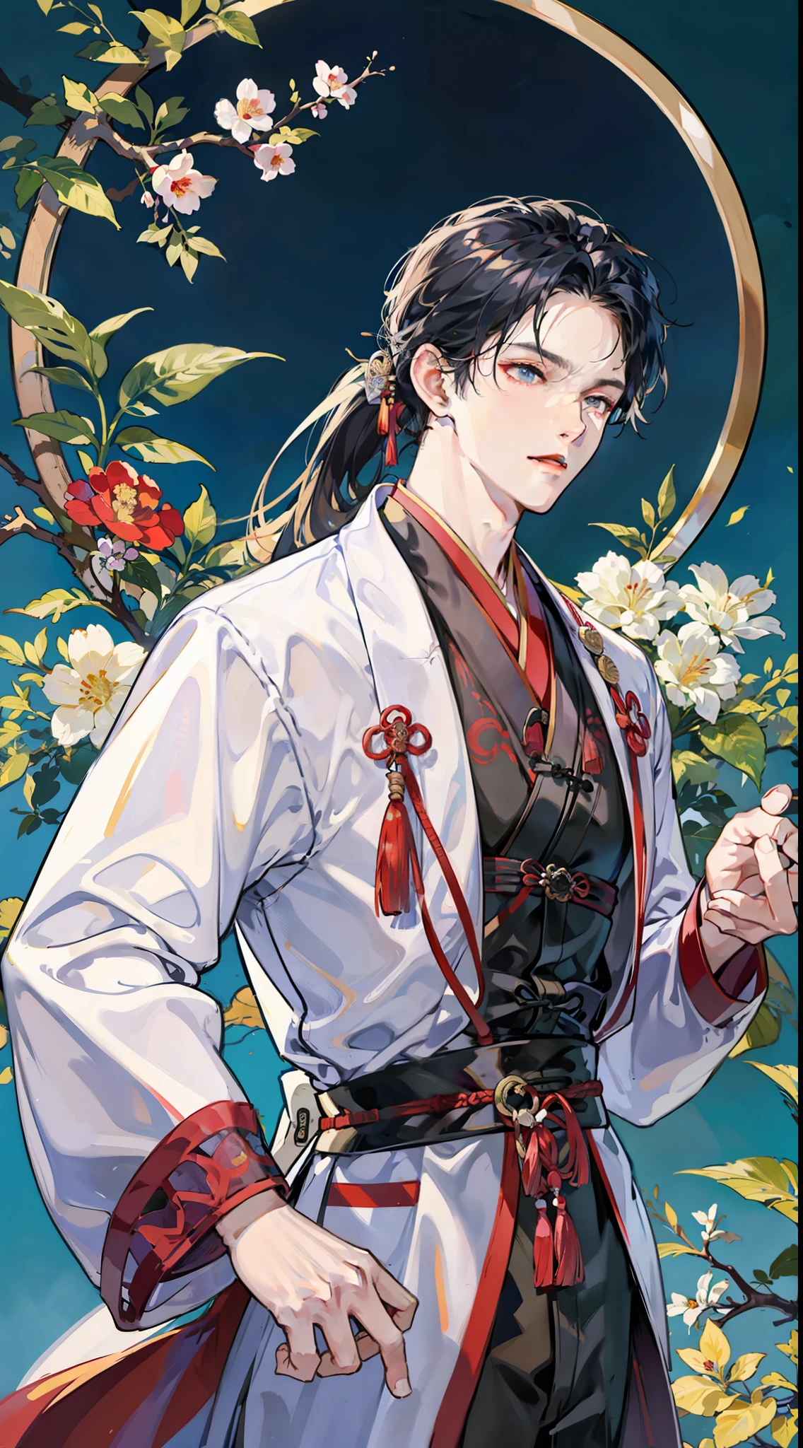 muscular boy, masculine face, wild, masculine, valiant, handsome, rugged, hoodie, modern chinese traditional costume, fusion of ancient Chinese and modern, king of rappers, pectoral muscles, abs, cool atmosphere, sitting, solid posture, fashionista, stylish, colorful, individual, luxurious, Cantonese, singing, dancing, sky with stars shining like dreams, Book of quiet night, starry sky blooming brightly, whispering dream and confusion border, Cantonese pride, pink color