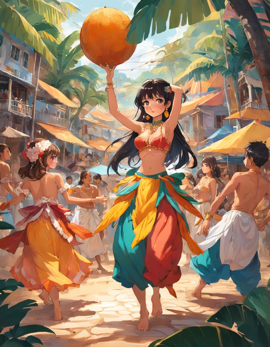 Generate a visual representation that captures the essence of the state of Sergipe, no nordeste do Brasil. Imagine a scene that celebrates the rich culture and history of the region. Visualize um mercado colorido e animado, repleto de barracas que exibem frutas tropicais vibrantes, Local handicrafts and typical dishes of Sergipe cuisine. No centro da cena, Highlight a group of dancers performing a forró performance, a traditional dance of the region. Ao fundo, pinte um panorama pitoresco que inclui a costa sergipana, with its tranquil beaches and stunning cliffs. The sun shines in the sky, illuminating the landscape and creating reflections in the calm waters of the sea. Incorpore elementos da arquitetura colonial, com casas coloridas e detalhadas, reminiscent of the historical cities of Sergipe. The image should convey the feeling of warmth, alegria, cultural diversity and connection with nature that defines the experience of Sergipe.
