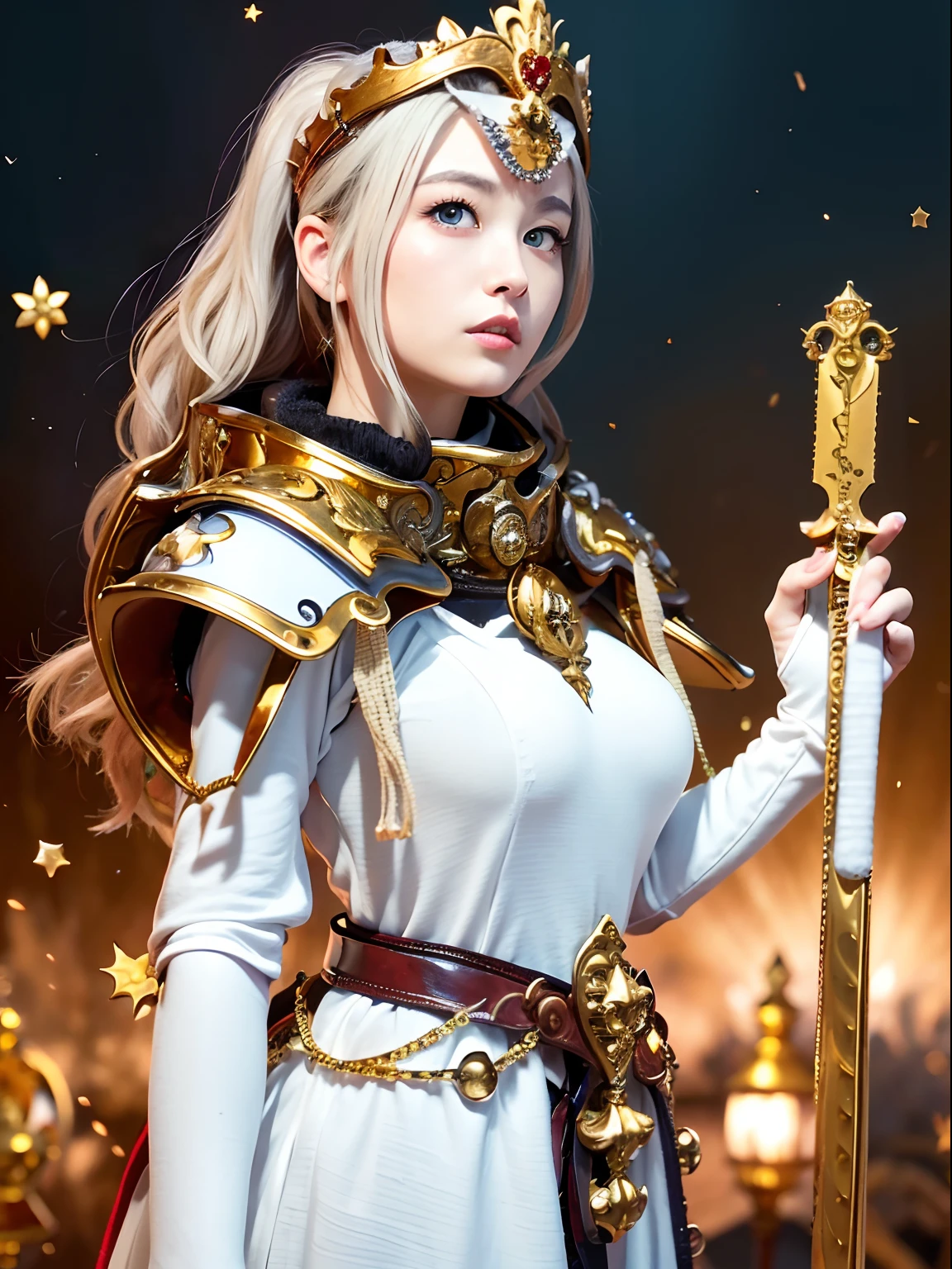 (masutepiece), Professional , masterpiece、top-quality、photos realistic , depth of fields (Gemstone White Metal Body:1.9),(Matte White、Jewel Gold Weapon(Jewel Metal Body:1.4),Gorgeous metal weapons ,(( Detailed and gorgeous sword of the brave)) , Beautiful knife ,warhammer 40k , adepta sororitas,Detail and ornate jewel crown、((Golden hair))、((Gangle's forest background))、Beautiful Caucasian beauty、1a person、dynamic ungle,(((Detailed and ornate diamond crown)))、Smaller head、A smile、Background inside the castle、Thin and beautiful female hands、cleavage of the breast、Soldier in iron armor on background、Mystical expression、Light Effects、intense fighting、Wind-effect、magic circles、With the legendary magic wand、