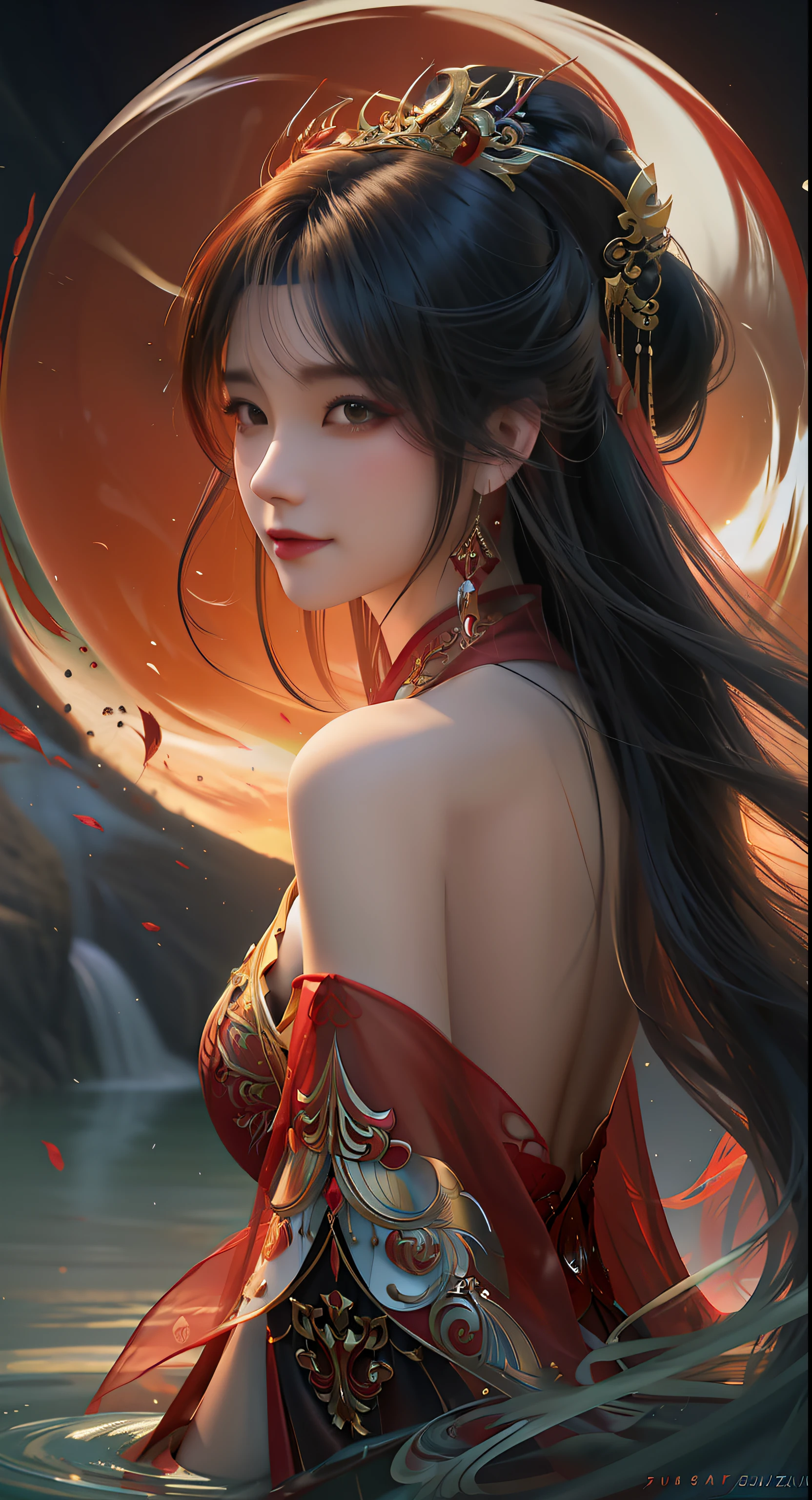 Zhong Fenghua， 1girll， （full bodyesbian） 独奏， Hanfu， flower  field， blossom flower， （red smoke：1.4） （realisticlying：1.5）， datura， entangled， offcial art， Unity 8k壁纸， ultra - detailed， Beautiful and beautiful， tmasterpiece，best qualtiy， （dynamic angle：1.4）， （Realistic：1.5），（Real human photos；1.5），（Bigboobs：1.5），（Shoulders exposed：1.5），Glowing skin， （Floating colorful flashes：1），The most beautiful forms of chaos，ellegance，Fauvistdesign，vivd colour，Romanticism Depth of Field，