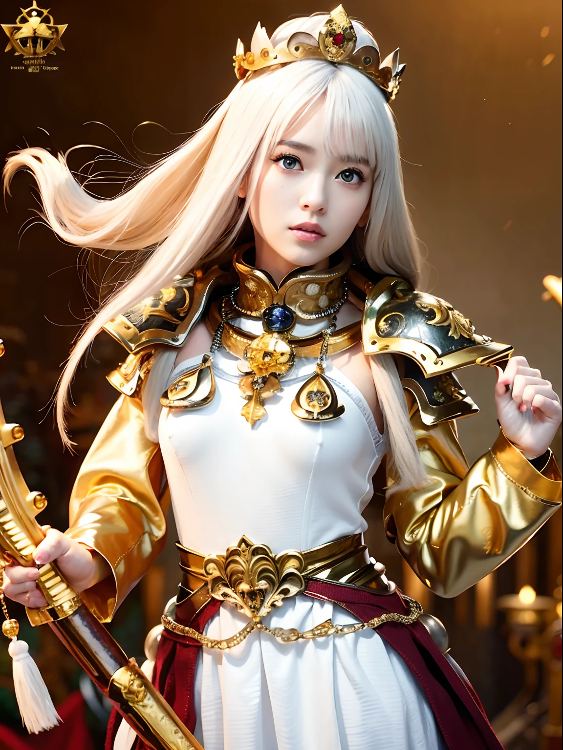 (masutepiece), Professional , masterpiece、top-quality、photos realistic , depth of fields (Gemstone White Metal Body:1.9),(Matte White、Jewel Gold Weapon(Jewel Metal Body:1.4),Gorgeous metal weapons ,(( Detailed and gorgeous sword of the brave)) , Beautiful knife ,warhammer 40k , adepta sororitas,Detail and ornate jewel crown、((Golden hair))、((Gangle's forest background))、Beautiful Caucasian beauty、1a person、dynamic ungle,(((Detailed and ornate diamond crown)))、Smaller head、A smile、Background inside the castle、Thin and beautiful female hands、cleavage of the breast、Soldier in iron armor on background、Mystical expression、Light Effects、intense fighting、Wind-effect、magic circles、With the legendary magic wand、