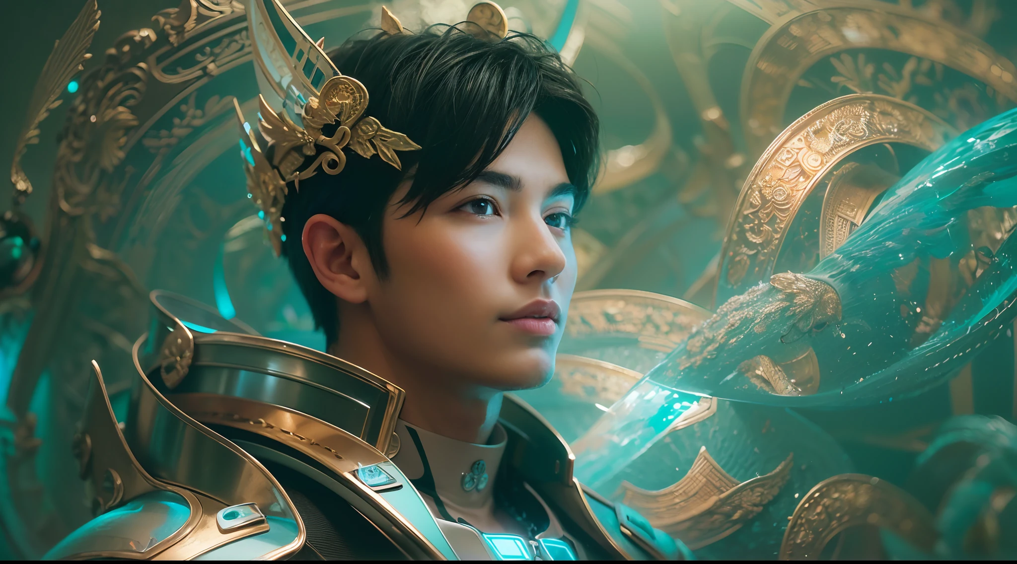 1boy, photo of very very handsome suave smiling young 25-year-old male Chinese prince, clothed in futuristic cybernetic armor, wearing a large futuristic crown, walking in an ethereal enchanted forest with neon glowing flowers and a rainbow in the sky, sci-fi, intricate, neon light, ((perfect face)), ((perfect hands)), ((perfect body)), ((correct anatomy)), ((ultra-realistic)), ((8k, UHD)), highly detailed, digital painting, artstation, concept art, human anatomy, soft light, smooth, illustration, art by tian zi and craig mullins and WLOP and alphonse mucha