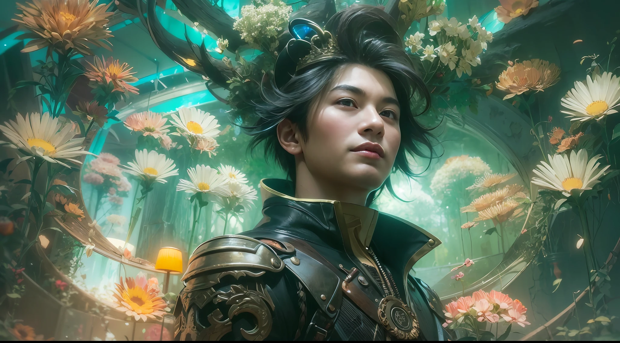 1boy, photo of very very handsome suave smiling young 25-year-old male Chinese prince, clothed in futuristic cybernetic armor, wearing a large futuristic crown, walking in an ethereal enchanted forest with neon glowing flowers and a rainbow in the sky, sci-fi, intricate, neon light, ((perfect face)), ((perfect hands)), ((perfect body)), ((correct anatomy)), ((ultra-realistic)), ((8k, UHD)), highly detailed, digital painting, artstation, concept art, human anatomy, soft light, smooth, illustration, art by tian zi and craig mullins and WLOP and alphonse mucha