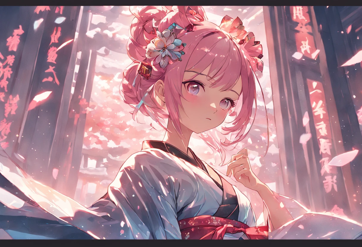 masterpiece, best quality, extremely detailed, absurdres, expressive clothes, fine fabric emphasis, ray tracing, fantasy style, 1girl , upper body , portrait , tilted head , hanfu , obi , kimono , (split-color hair:1.4) , off shoulder, pink eyes , Japanese architecture, indoor , light and shadow, crystal flower,hutao\(genshin\),