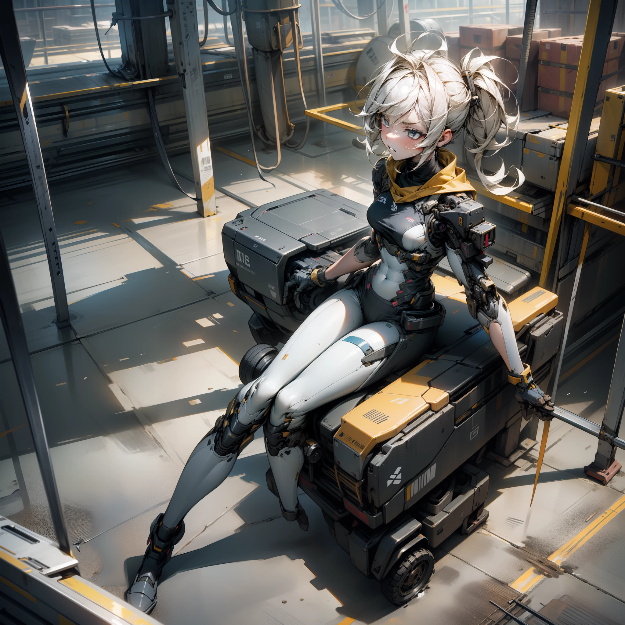 (8k quality), highest quality, crafty girl repairing her own abdomen, (full body machine), frustrated expression, stooped position, sitting with one leg outstretched, gritting teeth, shadows in warehouse, pull angle of view, missing from right elbow forward