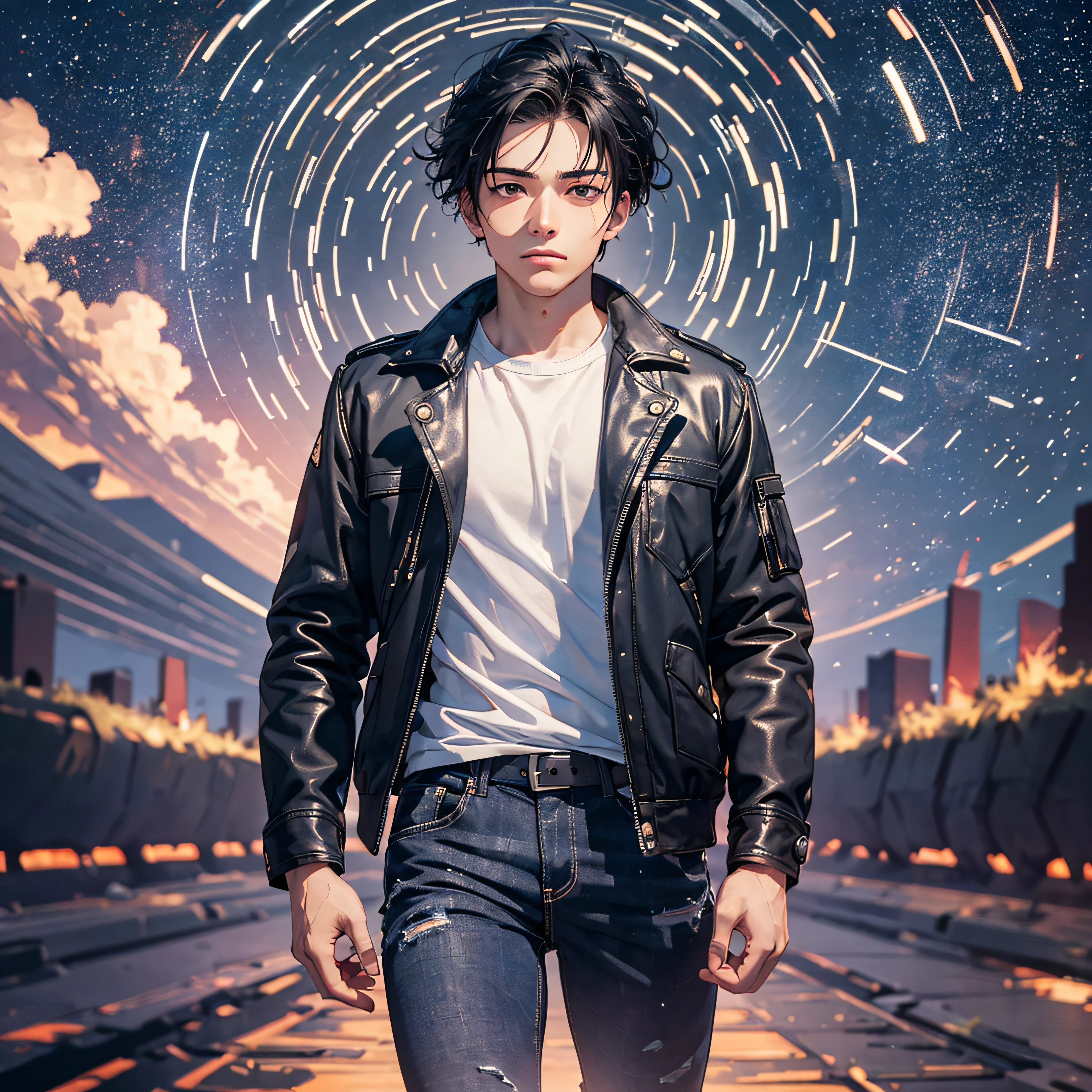 ((Best Quality, 8K, Masterpiece: 1.3)), landscape, morning shoot, star trail, slow speed, standing young man with black hair, black jeans, look at the stars, amazing scenery, hundreds of stars forming a circle.