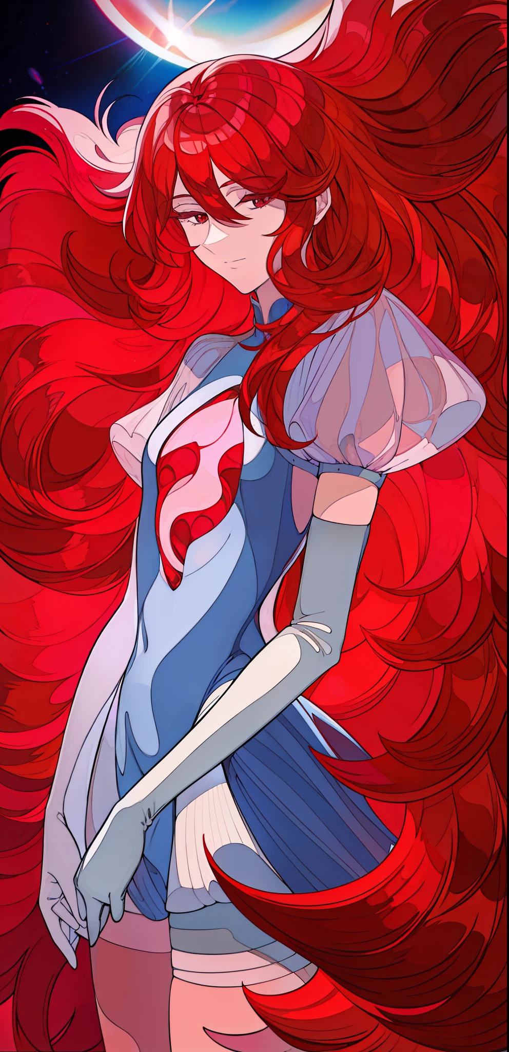 padparadscha, red hair, crystal hair, colored eyelashes, gem uniform, shorts, elbow gloves, illustration, 1other, detailed outfit, flowers made out of gemstones in foreground, shiny, glinting in the light, looking at viewer