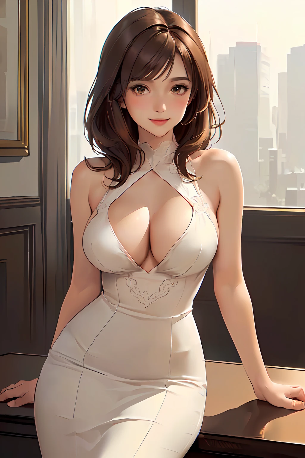 luxury room indoors, 1lady solo mature female /(brown medium hair/) pencil dress, blush kind smile, (masterpiece best quality:1.3) delicate illustration high resolution ultra-detailed perfect face beautiful skin large breasts