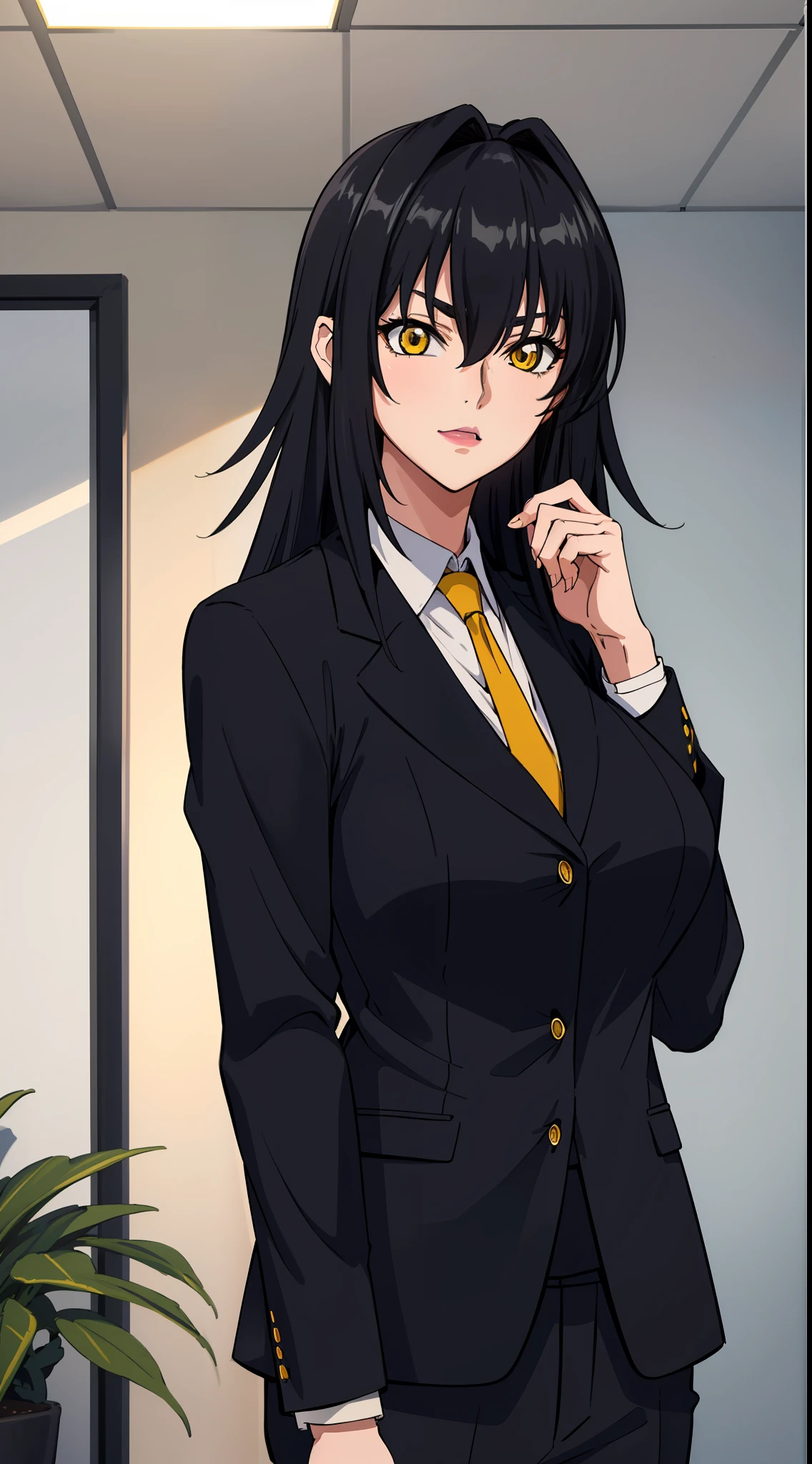 professional artwork, Intricate Details, field of view, sharp focus, detailed painting, photorealistic lighting, trending on pixiv,(masterpiece:1.0),(best_quality:1.0), ultra high res, ultra-detailed, photography, 8K, HDR, highres, absurdres:1.2, Kodak portra 400, film grain, sharp focus, bokeh:1.2, lens flare, (vibrant_color:1.2), (((indoors, dark night district))), Annerose, 1girl, female mature, ((long hair, black hair:1.4)), (yellow eyes), large breasts, ((formal clothes, office suit:1.4)), soft skin, hair intakes, (solo:1.4), (upper body, half body shot, caring), confident, energetic