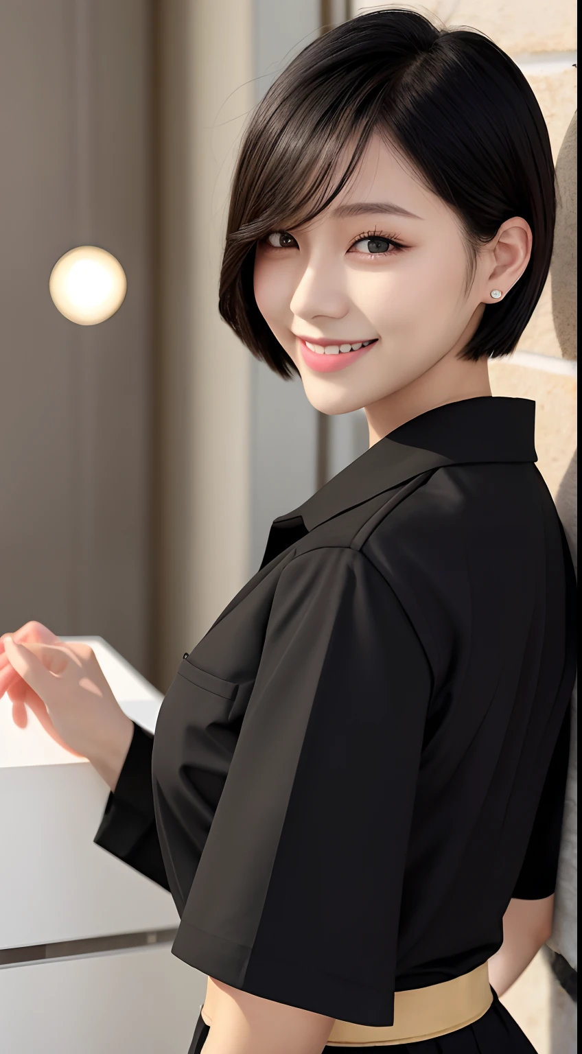 Girl, Single, Top Quality, Upper Body, Beautiful, Pretty, Radiant, Breast-Large, Short Hair, Masterpiece, Cat Eyes, Uniform, Black Hair, Big Ass, Smile