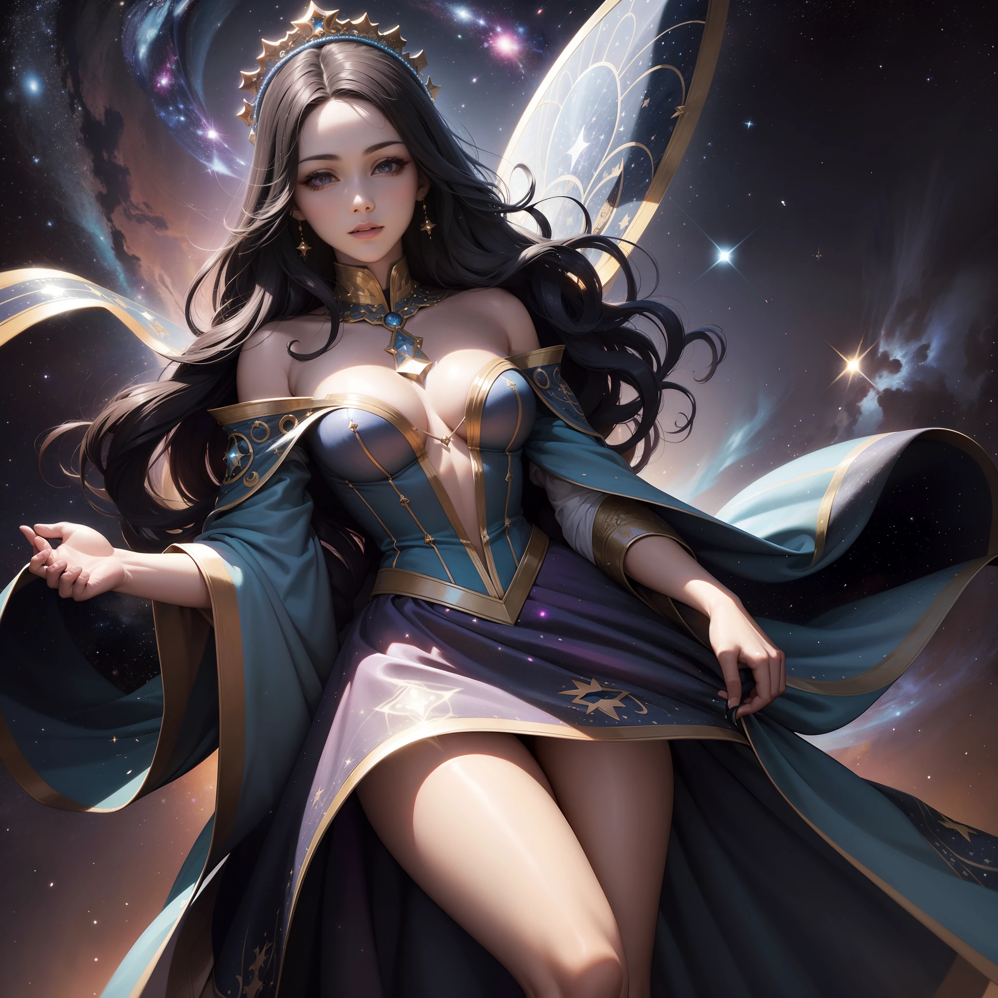 En medio del espacio, Una diosa navega por el universo en todo su esplendor. With its energy it illuminates its path, Its beauty makes everything around it even brighter. estrellas, Galaxies and all the beauty of the universe are all around you. She wears beautiful fabrics with amazing embroidery, Her endless hair seems to fly behind her.