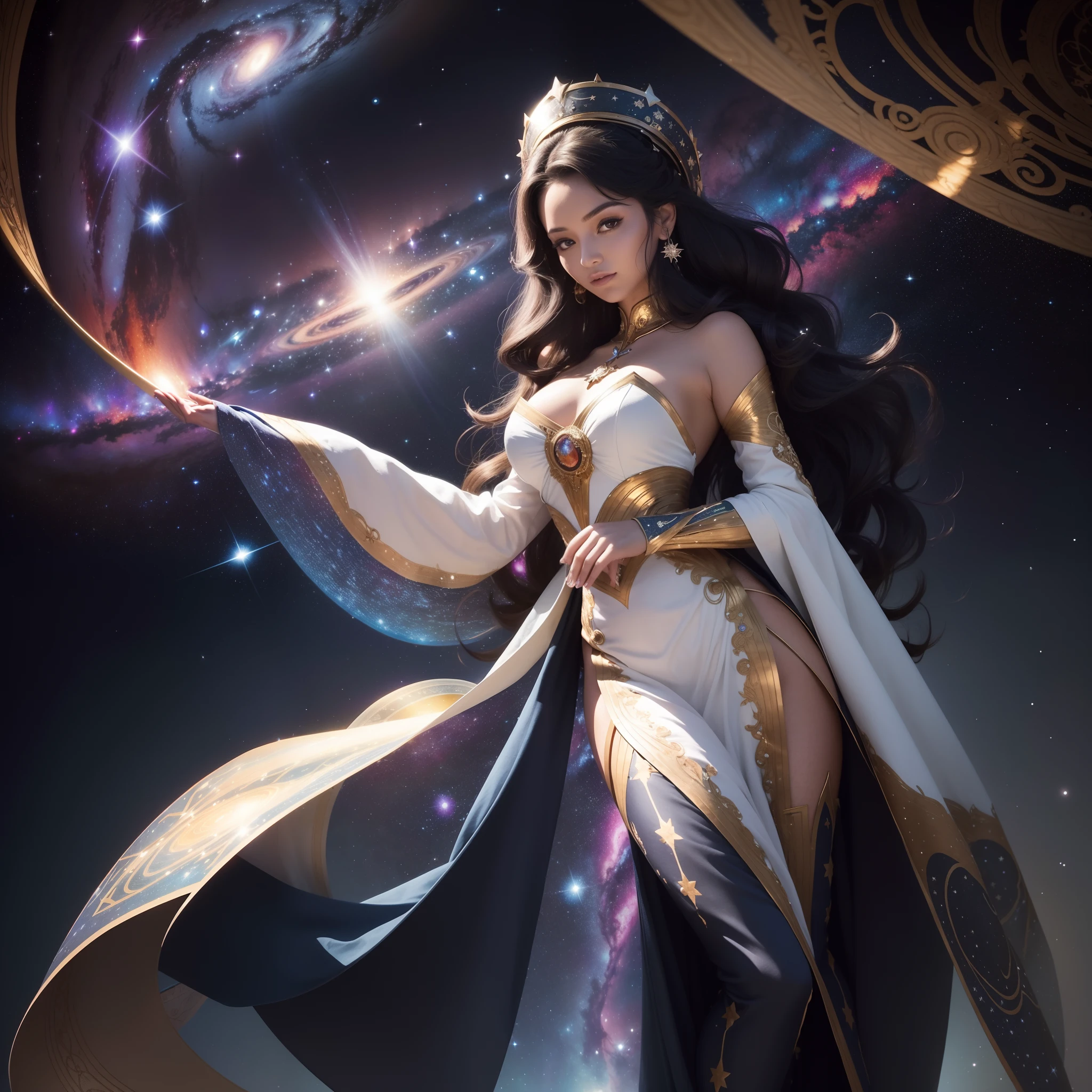 En medio del espacio, Una diosa navega por el universo en todo su esplendor. With its energy it illuminates its path, Its beauty makes everything around it even brighter. estrellas, Galaxies and all the beauty of the universe are all around you. She wears beautiful fabrics with amazing embroidery, Her endless hair seems to fly behind her.