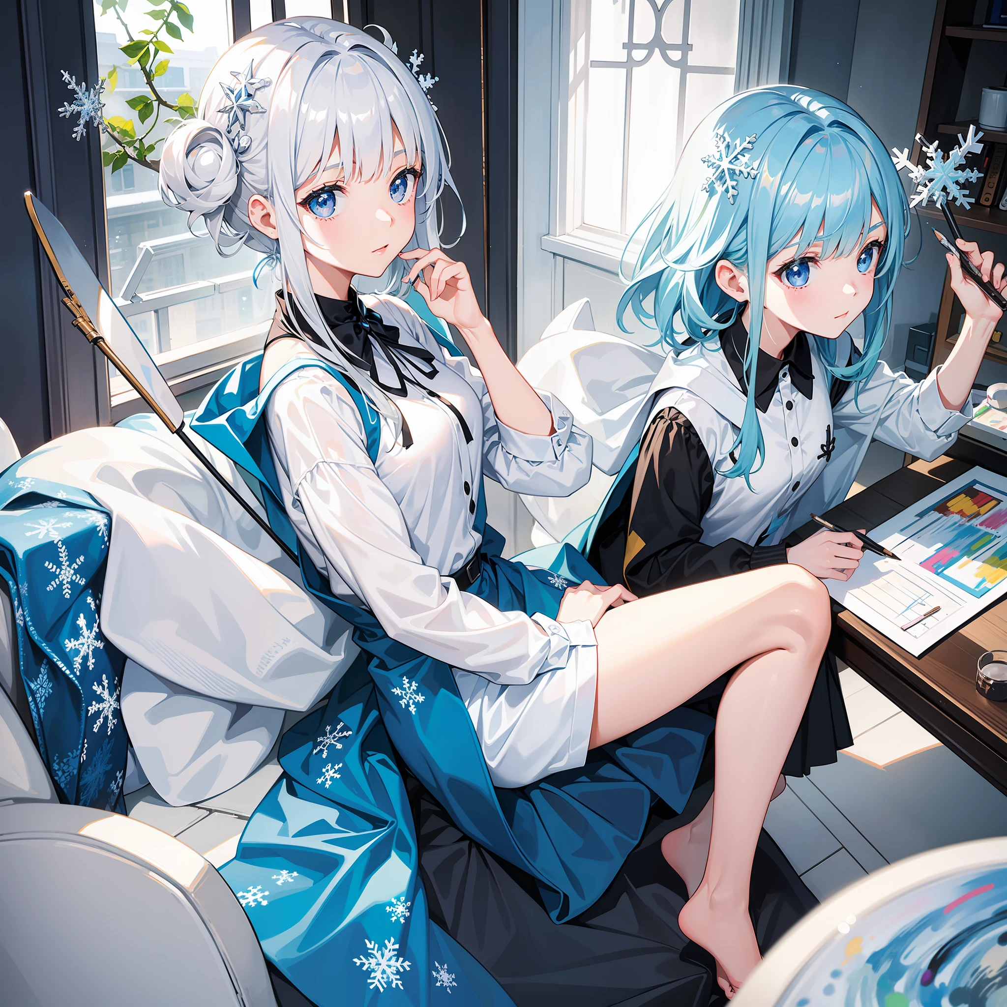As soon as I walked in the door, I saw a short silver-white haircut,Girl with snowflake eyes,She had a snowflake hairpin stuck on her head,Very cute look,in school uniform,She enjoyed humming songs on the side,While painting,A look of enjoyment appears on his face,Very engaged in drawing on the drawing board,Surrounded by various painting tools and colored paints。