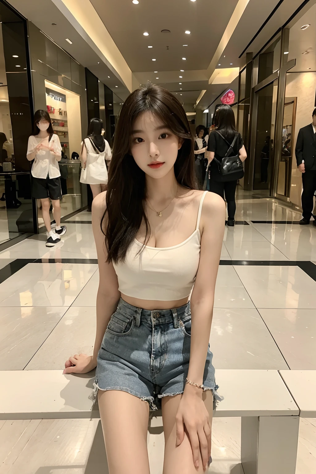 4K refined facial features，Korean girl standing in the mall，Shorts，shorter pants，Sit in different places，Spread your legs，cleavage