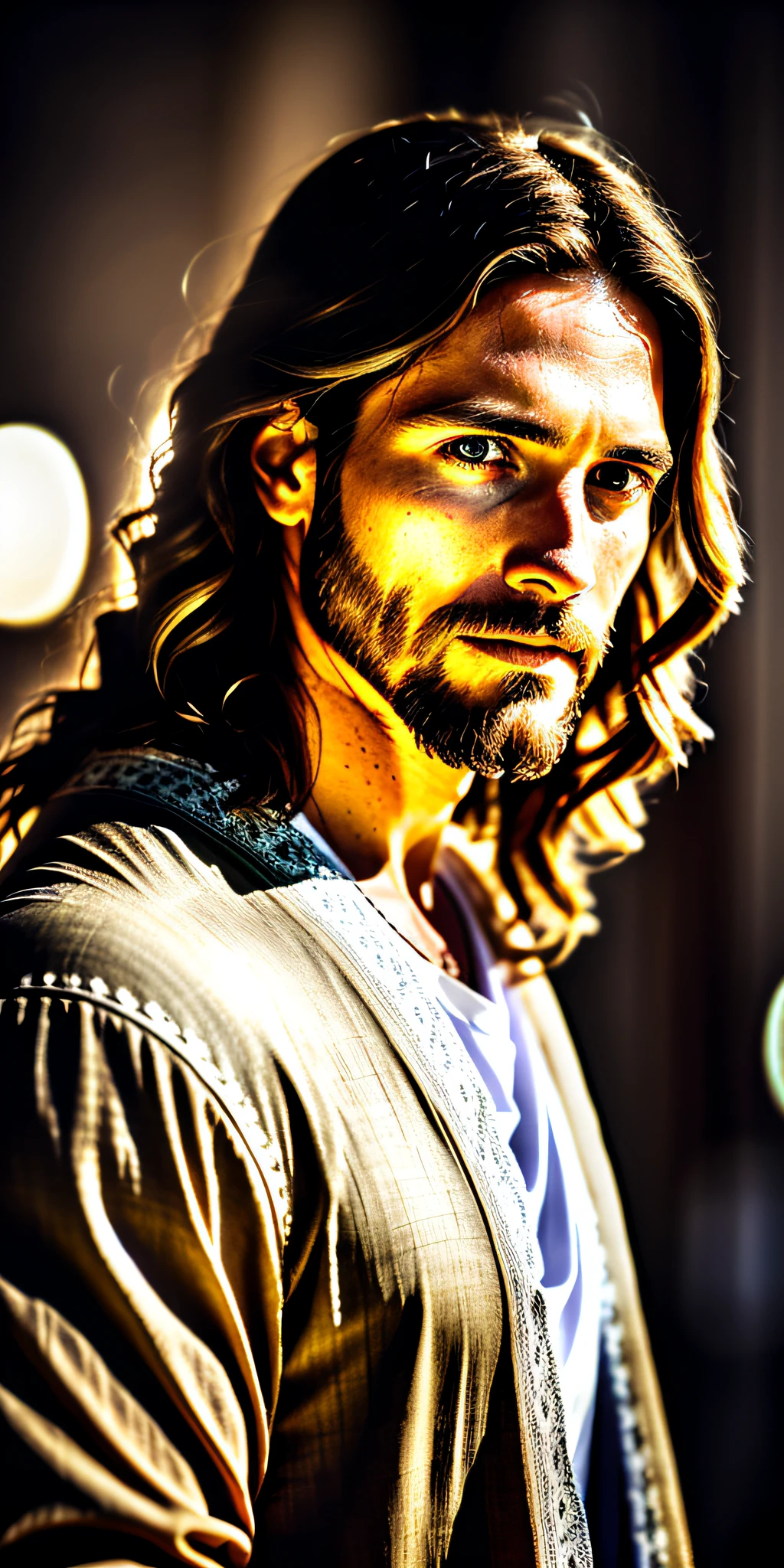 portrait of modern day Jesus, cinematic lighting, depth of field, bokeh, realism, photorealistic, hyperrealism, professional photography, uhd, dslr, hdr, background whit a wood cross