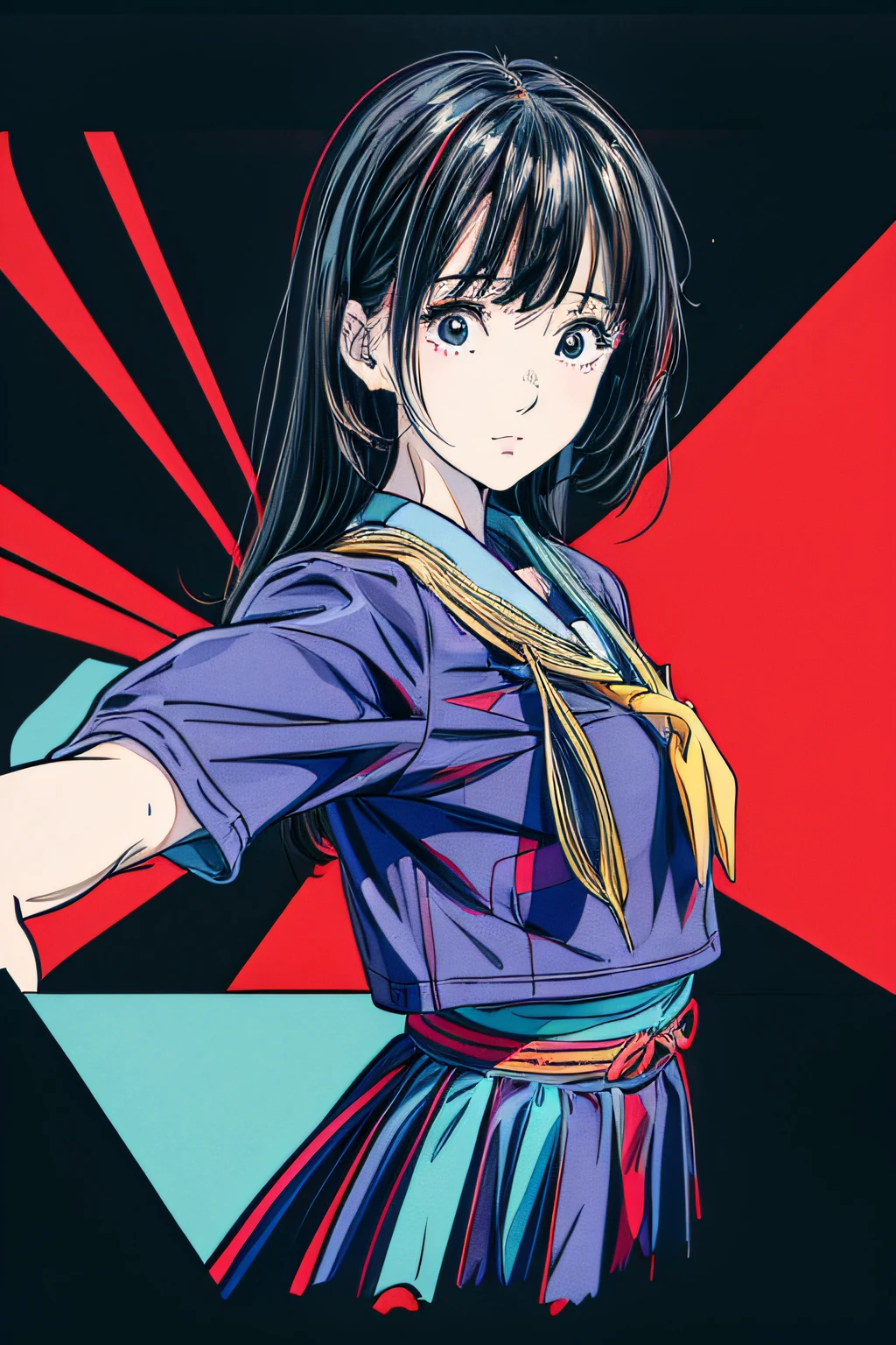 Solo_girl_hi-school girl、japanese hight school uniform,actionpose、cheerfully、Overflowing、ink art、((top-quality、8K、​masterpiece:1.3))、(Clear focus:1.2)、(comic book style),(Pop),(linear art_Anime)、(PastelColors:1.2),((monotone_High Contrast Art:1.2))、flat chest、(the complex background:1.2),(Lola:add more details:1.2)、sharp outline、sharp lineart、Urban background、