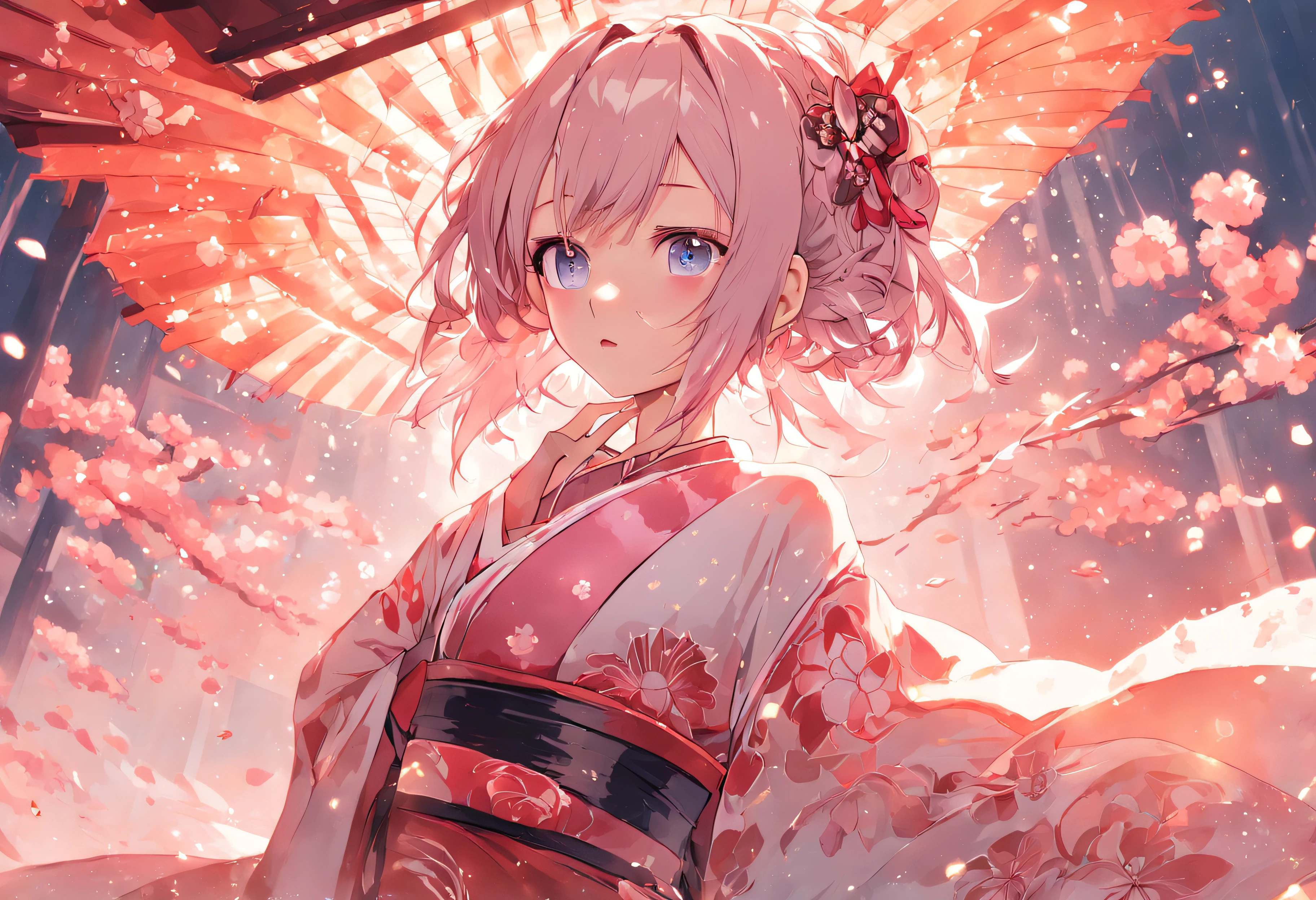 masterpiece, best quality, extremely detailed, absurdres, expressive clothes, fine fabric emphasis, ray tracing, fantasy style, 1girl , upper body , portrait , tilted head , hanfu , obi , kimono , (split-color hair:1.4) , off shoulder, pink eyes , Japanese architecture, indoor , light and shadow, crystal flower,hutao\(genshin\),