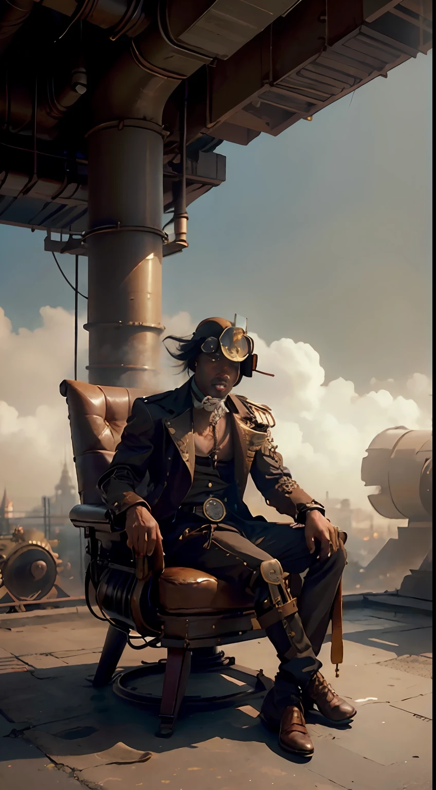 There's a sexzy african muscular man with a steam-powered dusky skin, with mucled chest,Royal look,royal helmet, arte conceitual steampunk, sexzy full body view, sitting in steam punk chair,lsteampunk, detailed wild steampunk illustration, Portrait of a  man, arte steampunk, estilo de arte dieselpunk, cyberpunk urban city.