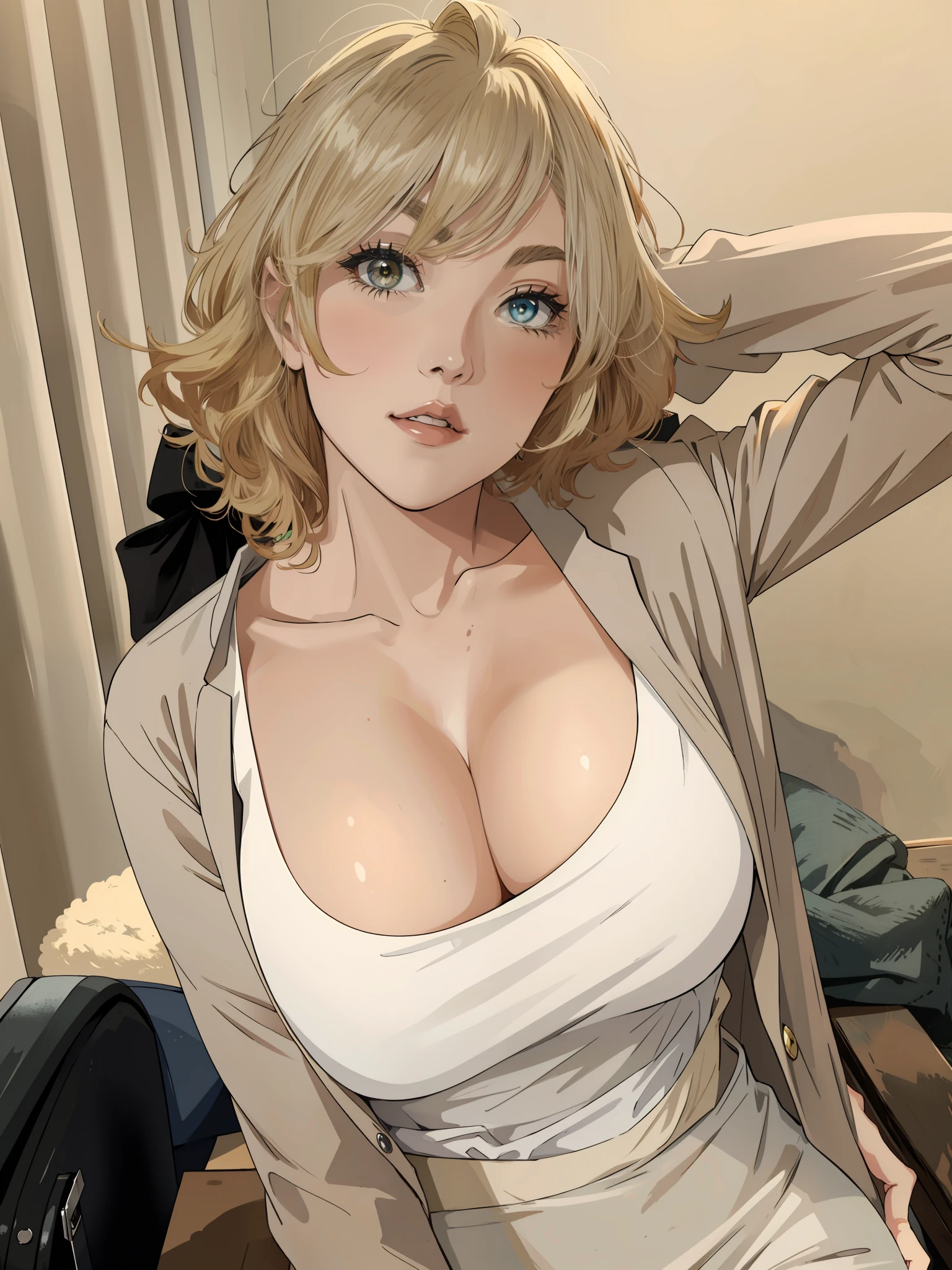 woman，coiffed blonde hair，gigantic cleavage breasts