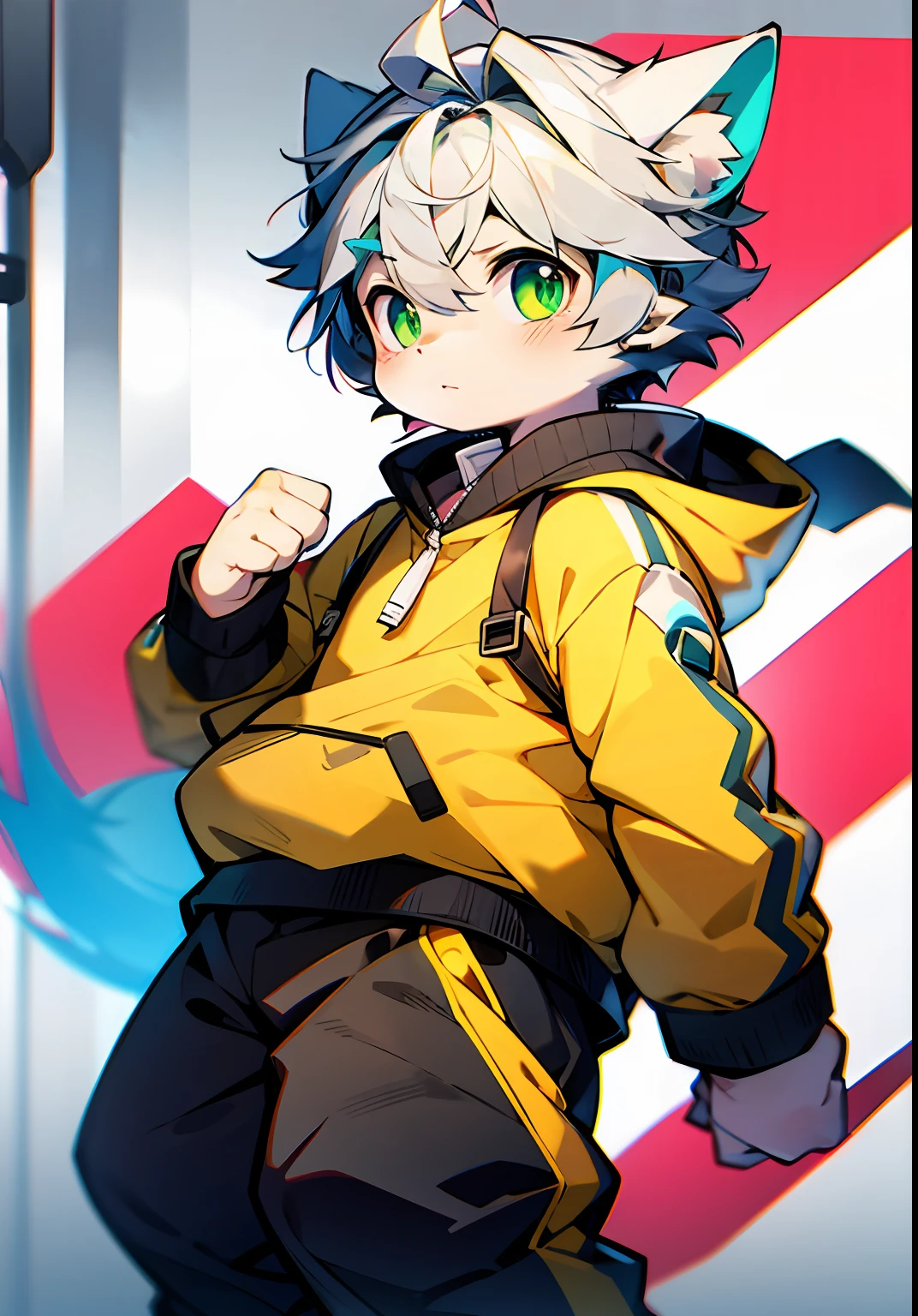 catss,Gray hair and green pupils,Yellow and white coat color,adolable,vivaciousness,Libido boy,underage,Wear a sweatshirt with a pink pattern,lively and lovely,shorter pants, Wind element,shaggy