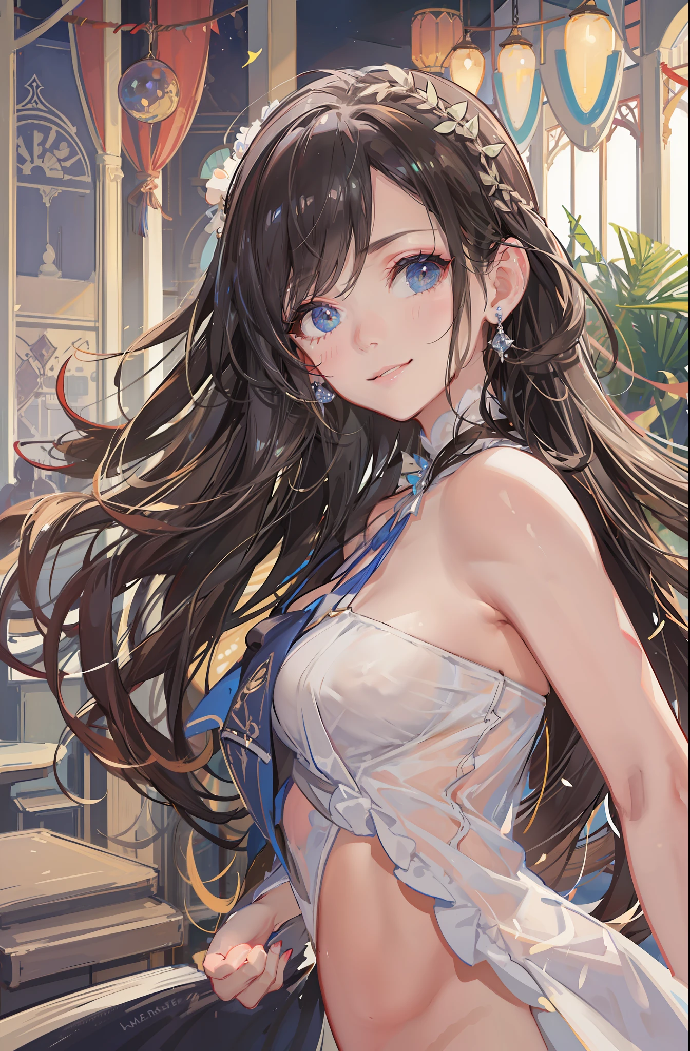 Sexy and beautiful woman looking up, cutest 20 year old beauty, charming smile, ((background is seaside resort)), ((very long hair)), ((skimpy resort fashion)) , ((rich bust)), gradient eyes, seductive makeup, show lighting, single perspective, canon, nffsw, retina, masterpiece, accurate, anatomically correct, textured skin, super detailed, high Detailed, High Quality, Award Winning, Highest Quality, High Definition, 1080p, Hard Disk, 4K, 8K, 16K