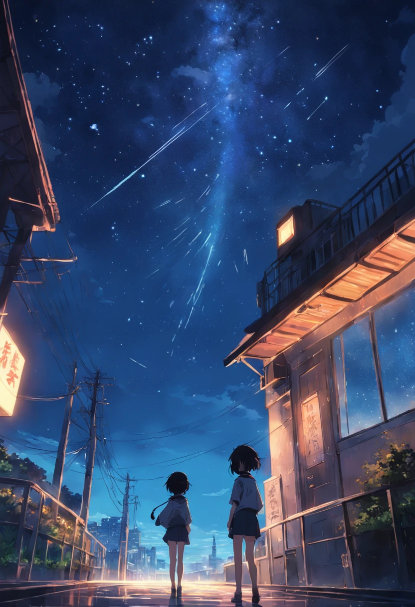 Masterpiece, Anime Quality, Drawing by Makoto Shinkai, Night Sky, Comet