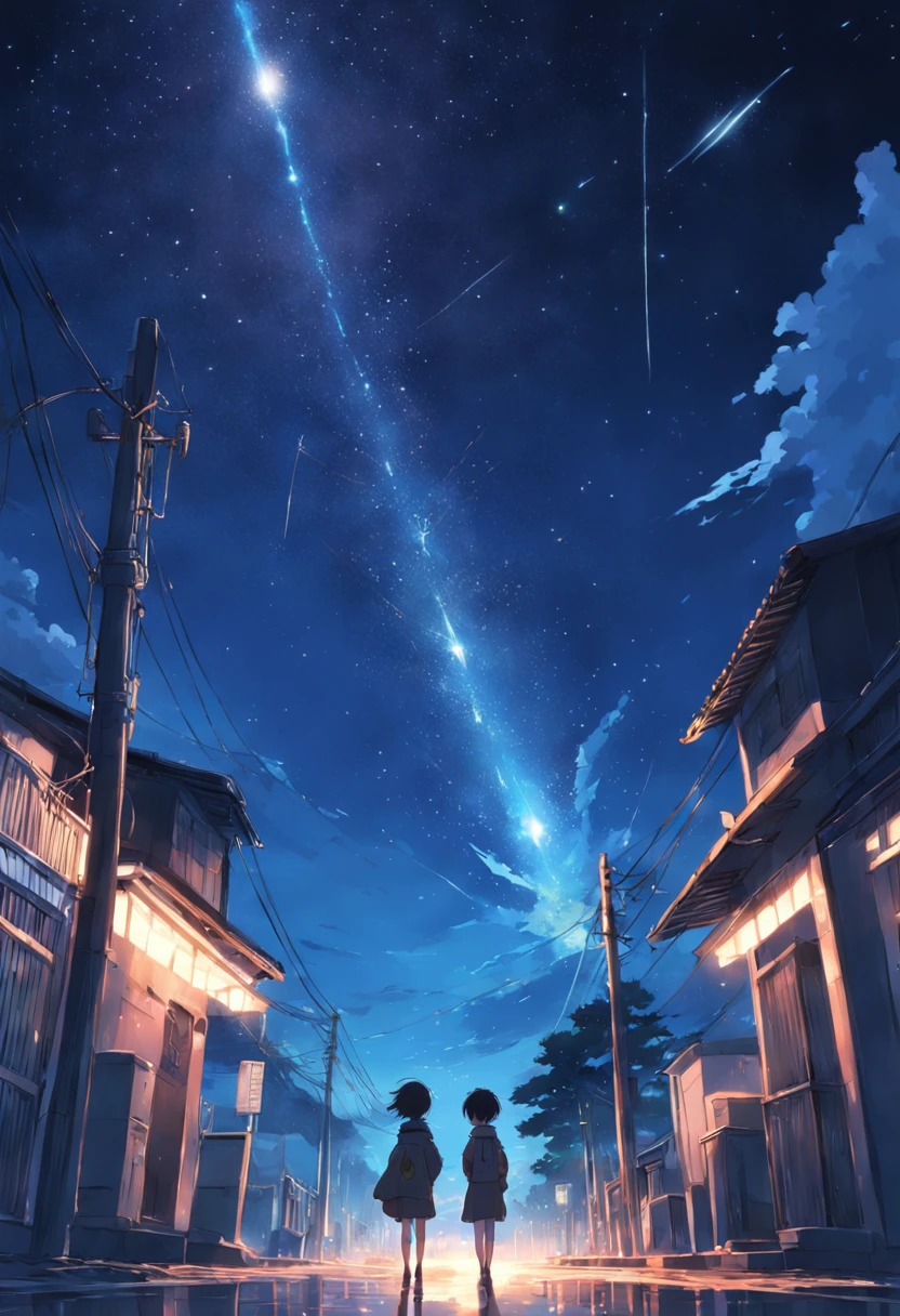 Masterpiece, Anime Quality, Drawing by Makoto Shinkai, Night Sky, Comet