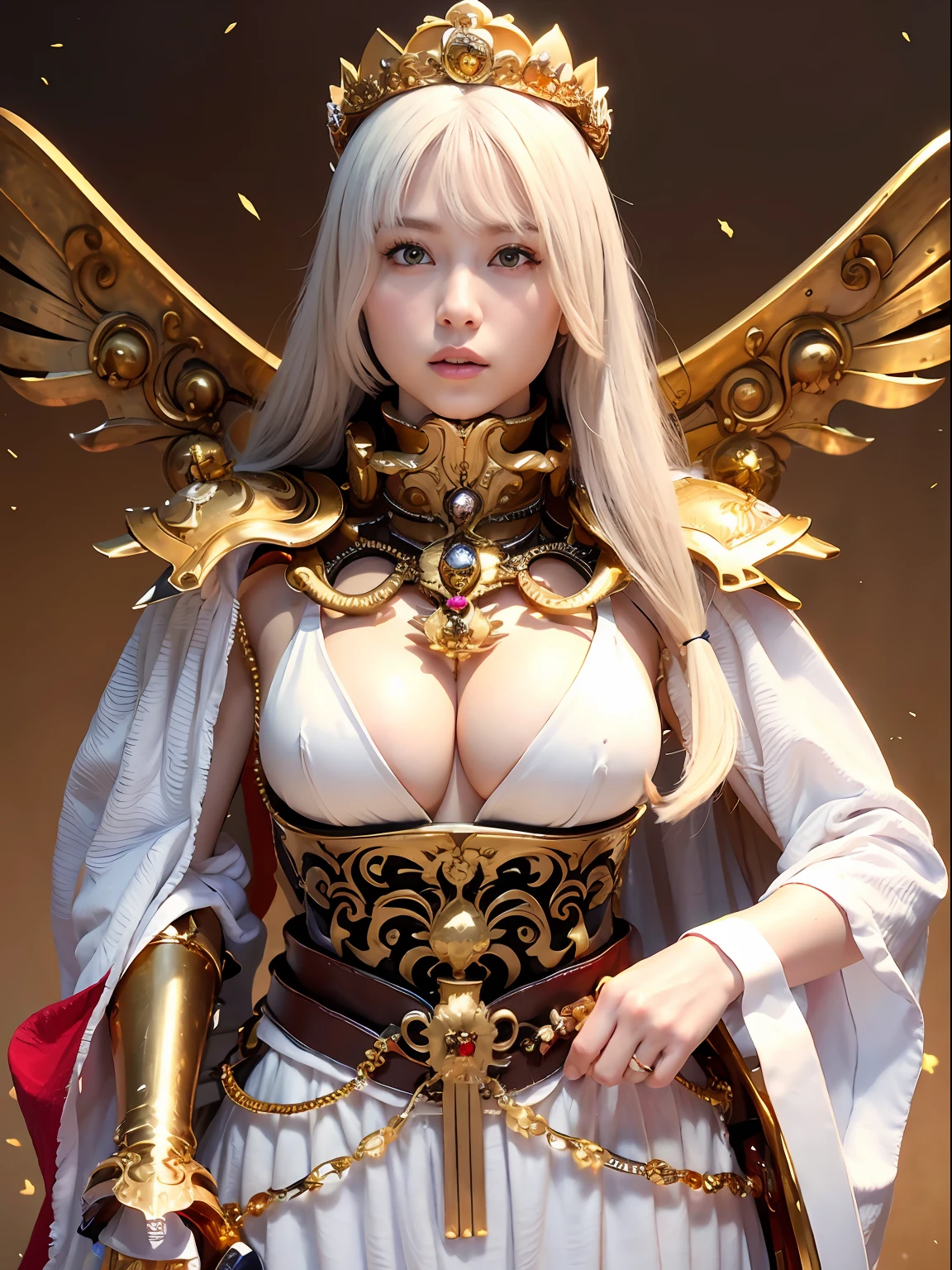(masutepiece), Professional , ​masterpiece、top-quality、photos realistic , depth of fields （Gemstone White Metal Body:1.９),(Matte White、Jewel Gold Weapon（Jewel Metal Body:1.４),Gorgeous metal weapons ,（（ Detailed and gorgeous sword of the brave）） , Beautiful knife   ,warhammer 40k , adepta sororitas,Detail and ornate jewel crown、（（Golden hair））、（（Gangle's forest background））、Beautiful Caucasian beauty、１a person、dynamic ungle,(((Detailed and ornate diamond crown)))、Smaller head、A smile、Background inside the castle、Thin and beautiful female hands、cleavage of the breast、Soldier in iron armor on background、Mystical expression、Light Effects、intense fighting、Wind-effect、magic circles、With the legendary magic wand、（wings of light）、