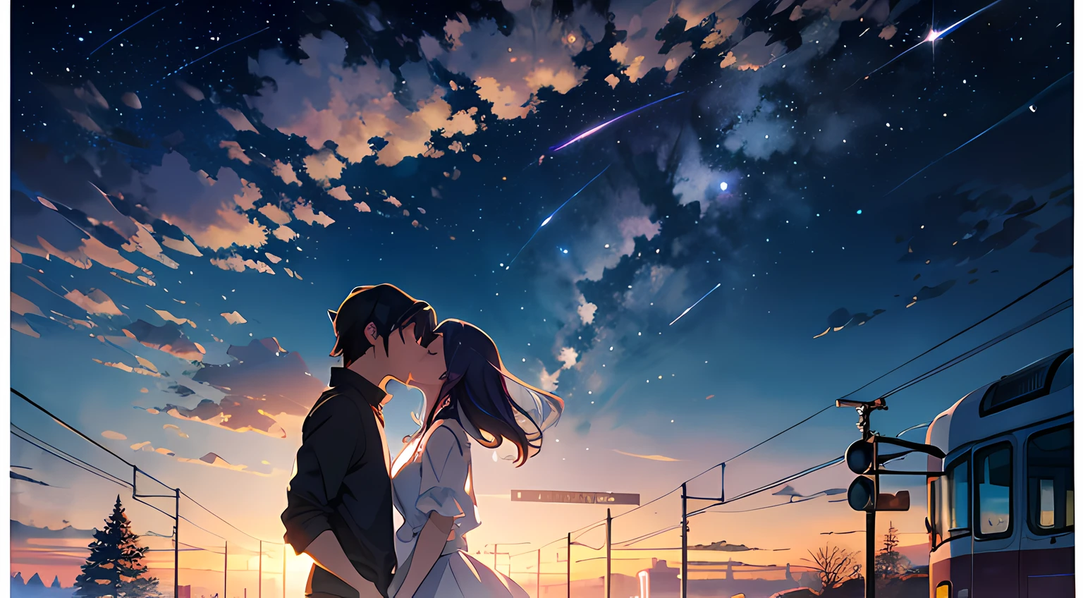 Anime scene where trains pass under blue sky，Anime drawing by Makoto Shinkai，Popular trends on pixiv，magic realism，beautiful anime scenes，Cosmos Sky。 By Makoto Shinkai, ( ( Makoto Shinkai ) ), By Makoto Shinkai, Anime background art, Shinkai Makoto style.Detail enhancement，Perfect detailing，The stars twinkle ，Boy and girl kissing in front of the station