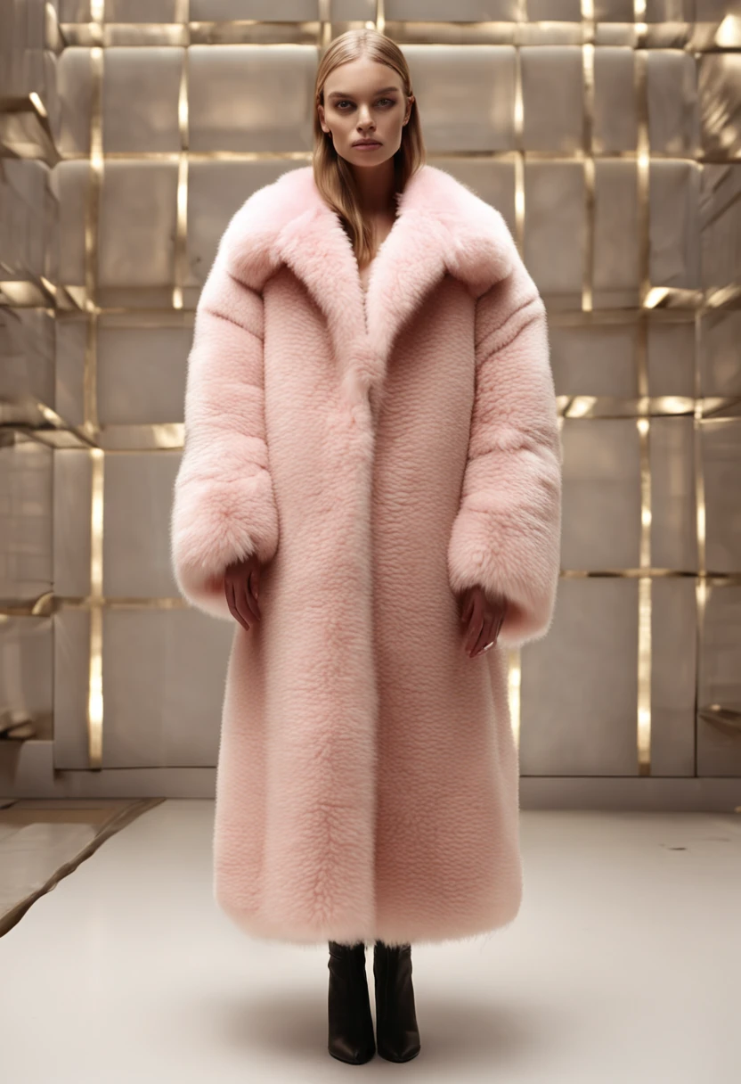 In the background, symmetrical balls cover the entire wall and ceiling. magazine cover shoot. A hybrid model-faced young model wears an oversized, fluffy coat. their clothes are extra fluffy, cream, stone color and black. The studio floor is a little wet and the lights are reflected. The model appears full size. very realistic photo. fashion magazine cover shoot ,cinematic lighting, photorealistic