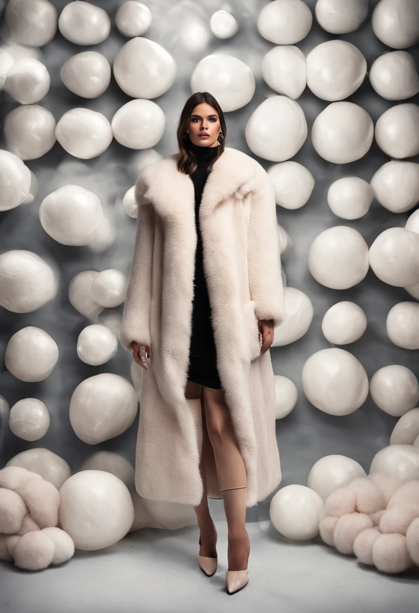 In the background, symmetrical balls cover the entire wall and ceiling. magazine cover shoot. A hybrid model-faced young model wears an oversized, fluffy coat. their clothes are extra fluffy, cream, stone color and black. The studio floor is a little wet and the lights are reflected. The model appears full size. very realistic photo. fashion magazine cover shoot ,cinematic lighting, photorealistic