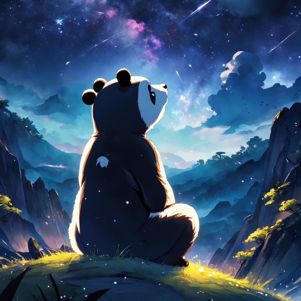 tmasterpiece，top-quality，cinematic Film still from，1panda，close-up，natta，Panda staring at the stars in the forest，Turn your back on the stars，Starry sky，spark of light