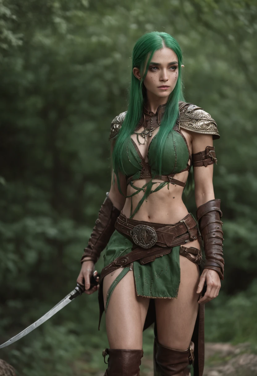 1girl, ((medium chest)), (cut abdomen: 1.1), (perfect body: 1.1), (long straight hair: 1.2), ((braided long green hair)), ((Green eyes)), ((eyes emitting a green glow)), full body, (dark elf), ((dark skin):1.4), ((barbarian costume)), wearing extremely detailed and richly detailed sewn and beaten antique leather breastplate, antique leather shorts sewn rich in details, wide belt falling on the side, body with many highlighted and detailed scars, image portraying an elven warrior after battle, some scratches, marks on the body, very serious and concentrated expression wandering the river bank. (((Huge, overly detailed and heavily battle damaged sword))). (extremely detailed 8k CG wallpaper), (extremely delicate and beautiful), (masterpiece), (best quality: 1.0), (ultra high resolution: 1.0), beautiful lighting, perfect lighting, realistic shadows, [high resolution ], detailed skin, ((skin texture)), super detailed