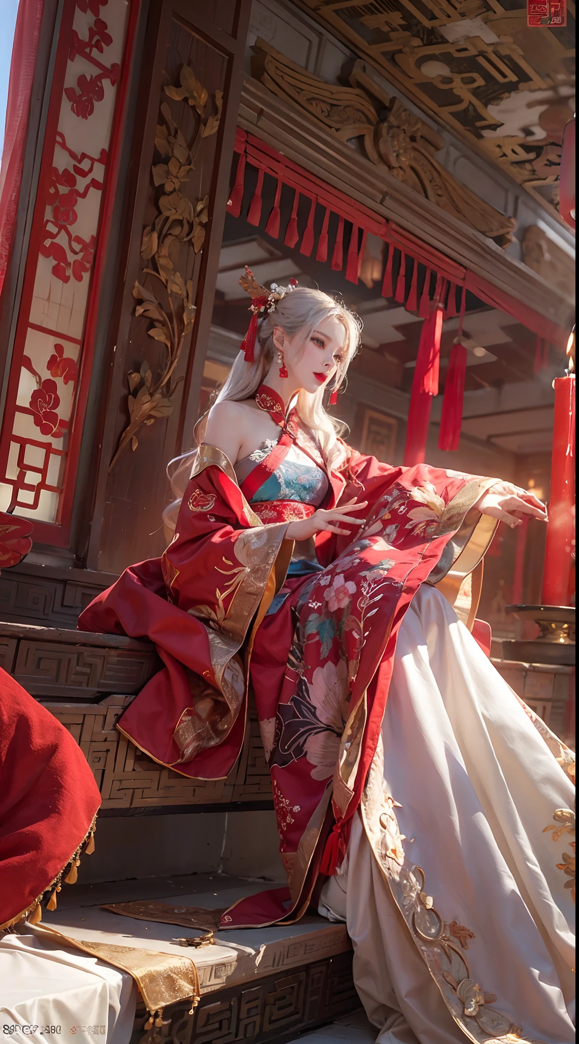 (Ultra-realistic 8k CG: 1.2), perfect artwork, delicate patterns, intricate details, (unparalleled masterpiece, best quality: 1.2), (extremely complex: 1.2), a woman in a red and gold dress, (sitting on a red bed), hips up, makeup, blush, shyness, white hair, looking down, cosmetics, (forehead point), (2 red candles), Chinese_clothes, curtains, earrings,hanfu, interior, jewelry, red nails, long_sleeves, red dress, red lips, tassels, (red quilt), (red palace: 1.2), (ancient Chinese architecture), (red: 1.8), night