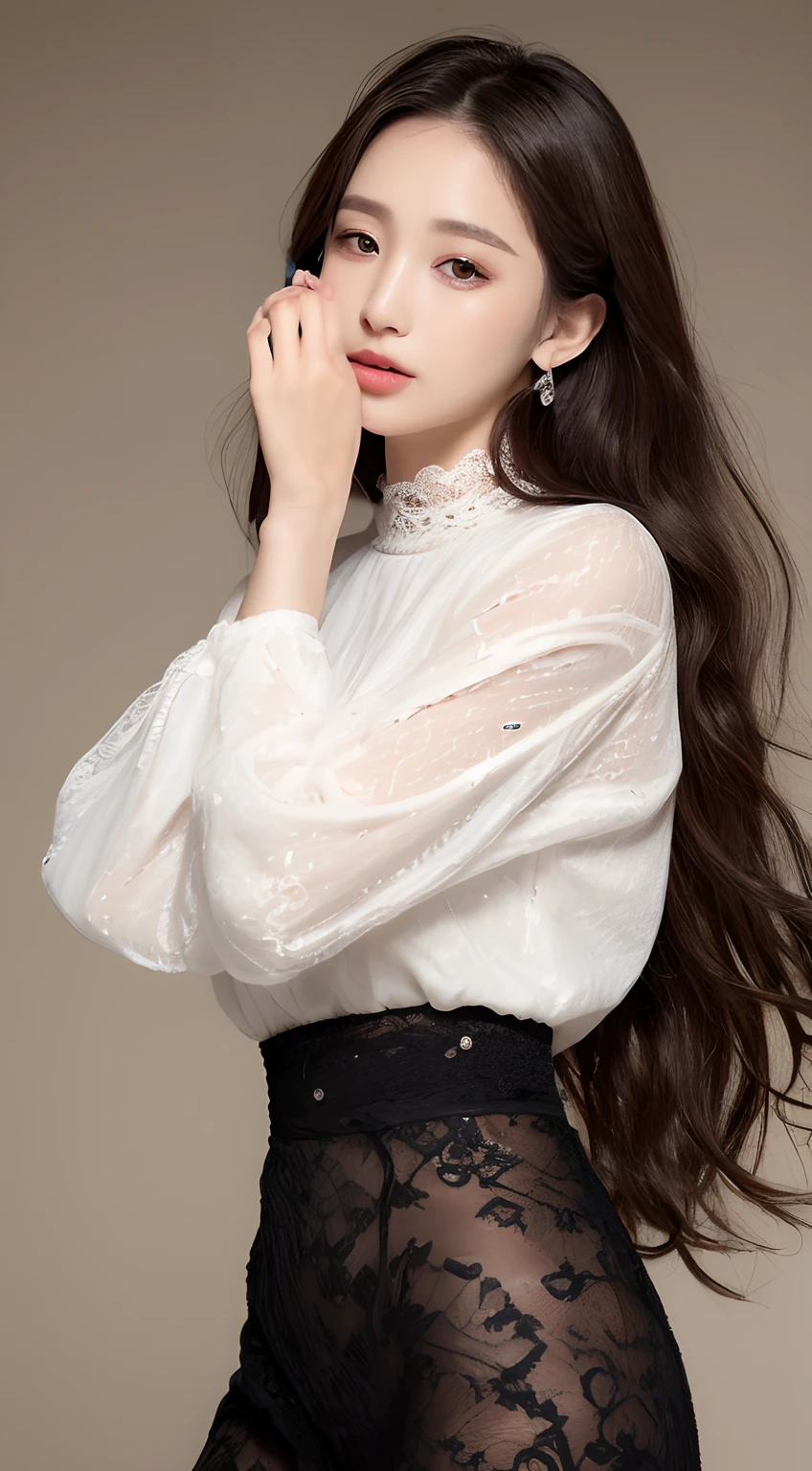 A woman in a white shirt and black pants posing for a picture - SeaArt AI