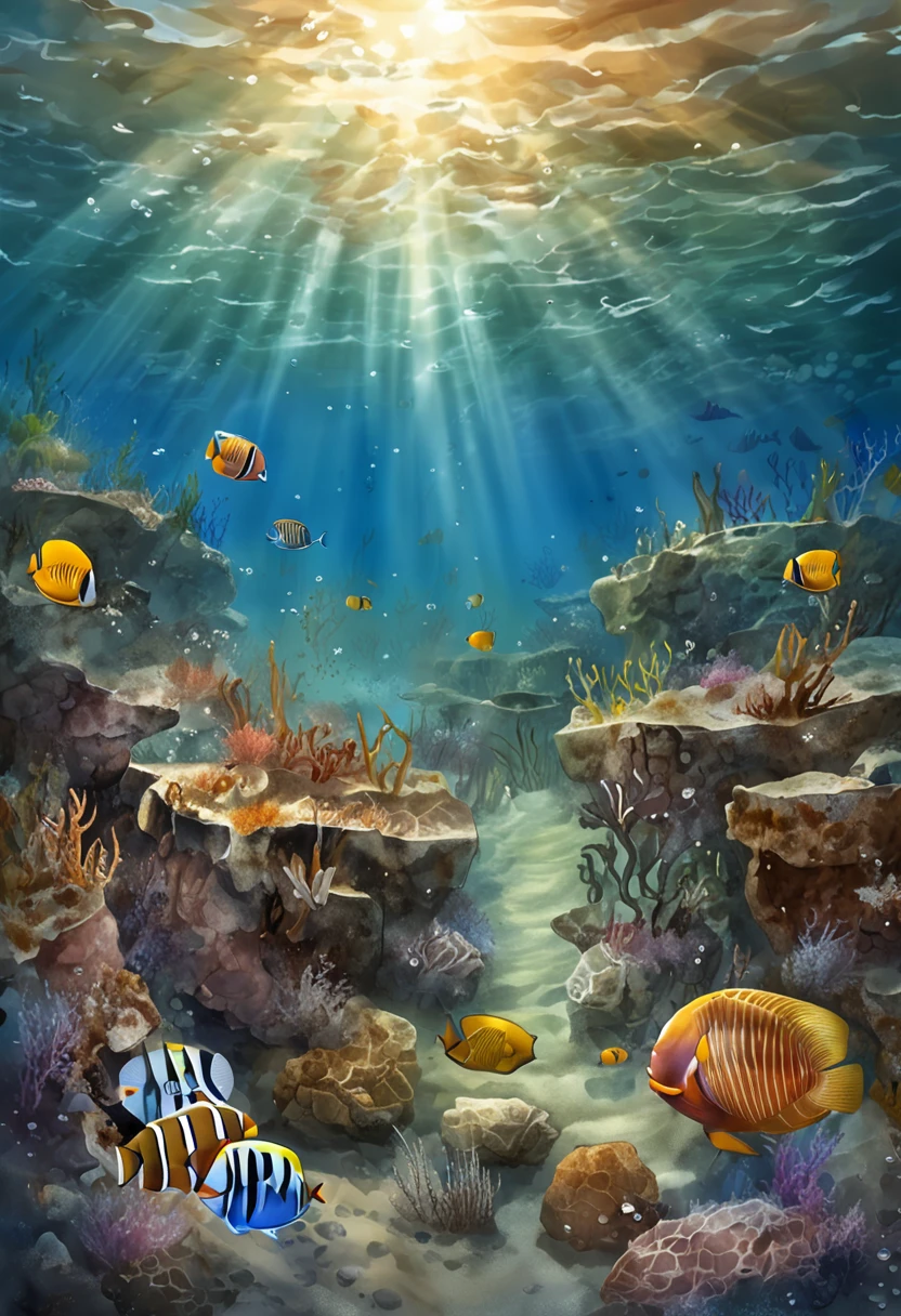 (((show a CHROME ANCHOR stuck at the bottom of a DEEP Ocean floor))) shafts of sunlight filtering through the ocean's surface, illuminating the hidden world beneath, create a captivating underwater scene. vertical panorama, Ultra Wide View. UHD, masterpiece, award winning photo, expansive landscape photograph , (a view from below that shows sky above and open field below),