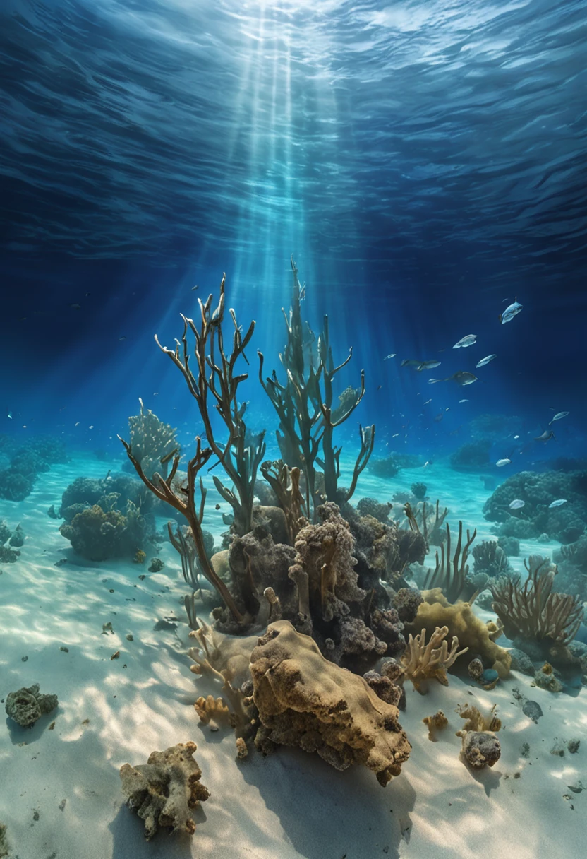 (((show a CHROME ANCHOR stuck at the bottom of a DEEP Ocean floor))) shafts of sunlight filtering through the ocean's surface, illuminating the hidden world beneath, create a captivating underwater scene. vertical panorama, Ultra Wide View. UHD, masterpiece, award winning photo, expansive landscape photograph , (a view from below that shows sky above and open field below),