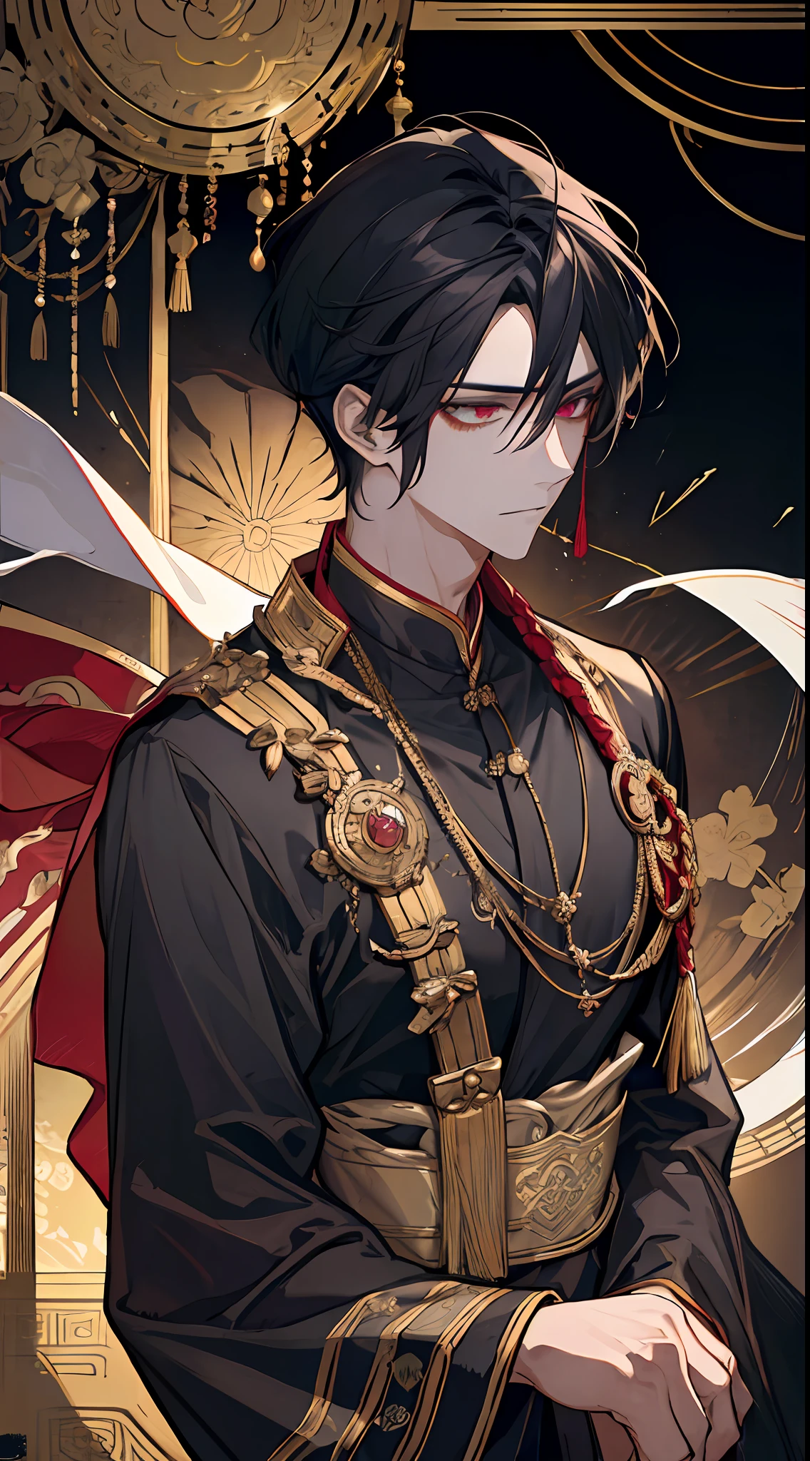 black-skinned，Ancient flying fish suit，Ancient Hanfu，Wide robe with large sleeves，Young men，1boy，male，manly，Prince of Persia，jewely，bright，with long coiled hair，Black hair，Dark  skin，Emerald eyes，Gold-tone waist chain，arm ring，big breasts thin waist，Elegant posture，Confucian son，Maharaja and nobility，Bracelet，gyuru，dynamicposes，Dramatic composition，carpets，wounded，Battle damage，bleeding from the corners of her mouth，Chains，Collar，Cage，laughingly，Be red in the face，extreme hight detail，High- sharpness